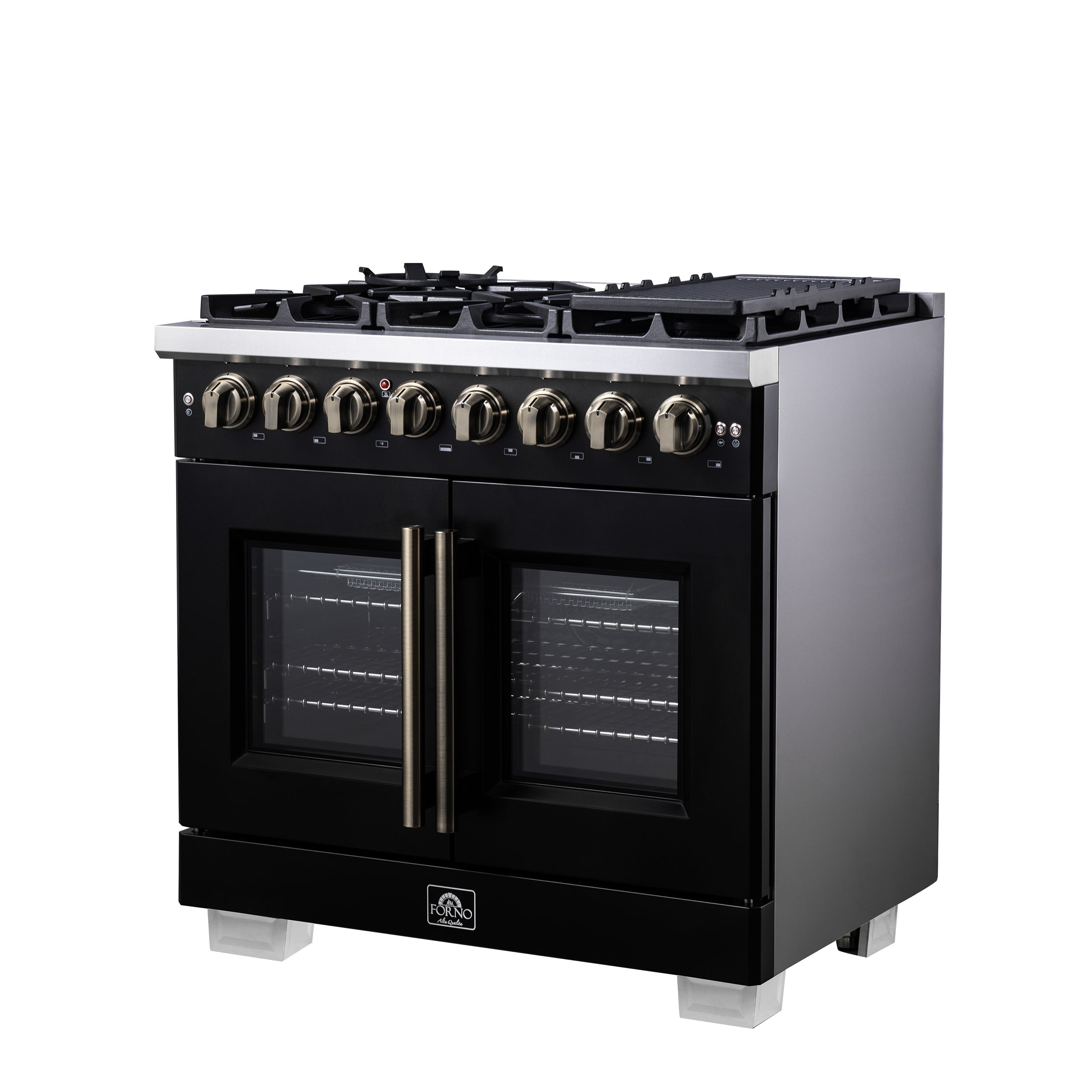 Forno Capriasca 36-Inch Dual Fuel Range, 5.36 Cu. Ft., 6 Sealed Brass Burners, Black with Antique Brass Accents, FFSGS6387-36BLK