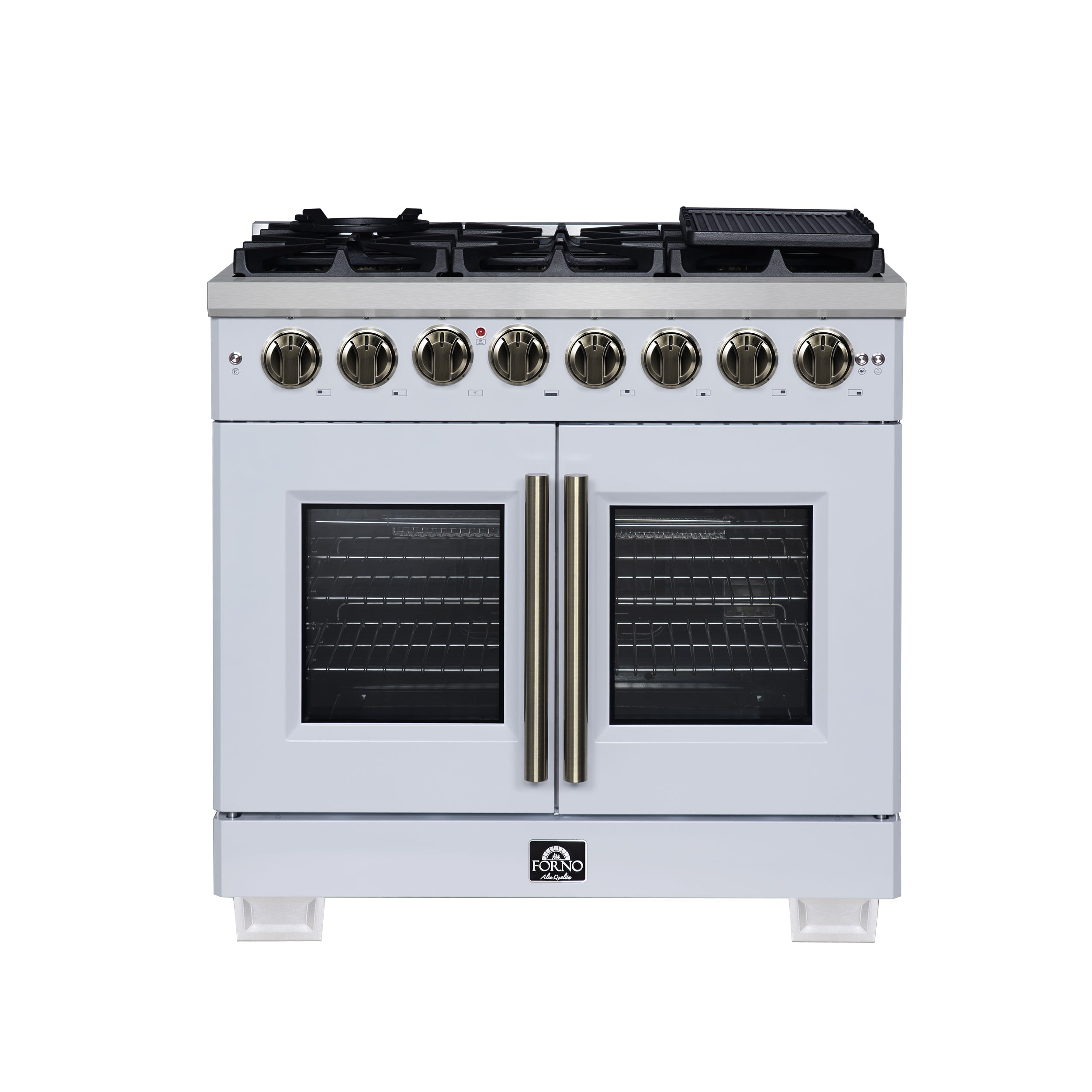 Forno Capriasca 36-Inch Dual Fuel Freestanding Range, 5.36 cu. ft. Oven, 6 Sealed Brass Burners, Air Fry Basket, Rotisserie Kit, Wok Ring & Griddle, White with Antique Brass Acccents (FFSGS6387-36WHT)