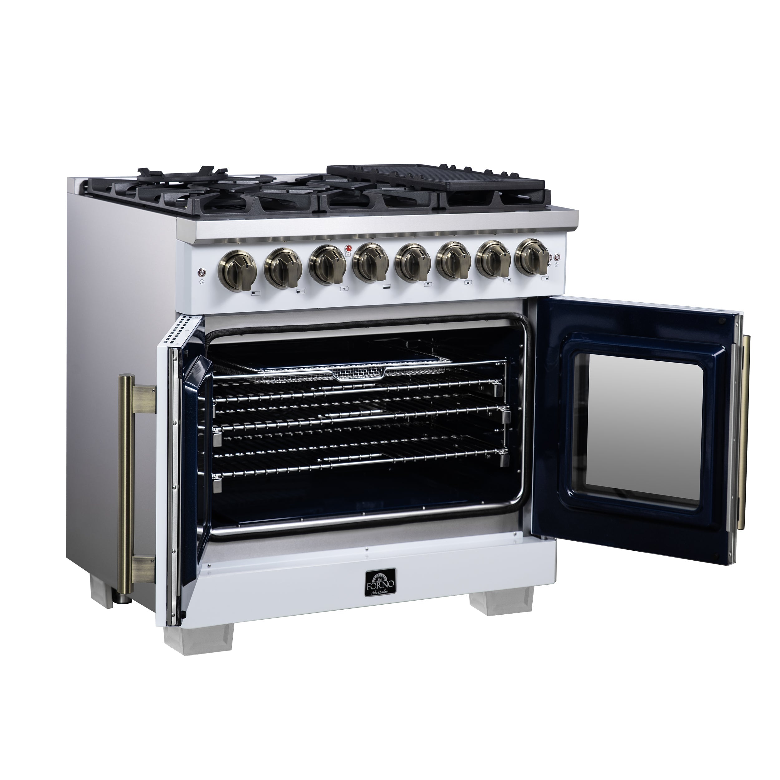 Forno Capriasca 36-Inch Dual Fuel Freestanding Range, 5.36 cu. ft. Oven, 6 Sealed Brass Burners, Air Fry Basket, Rotisserie Kit, Wok Ring & Griddle, White with Antique Brass Acccents (FFSGS6387-36WHT)