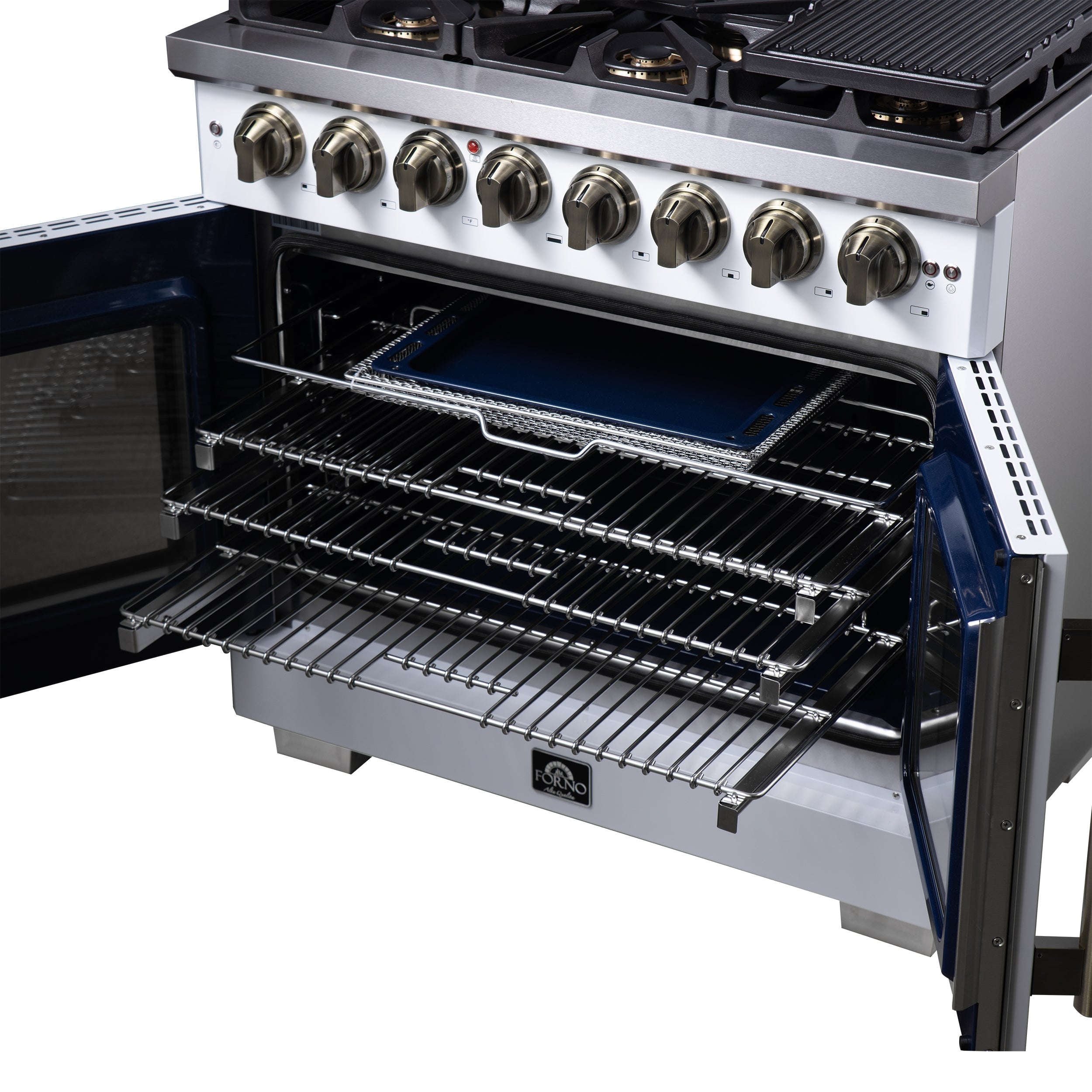 Forno Capriasca 36-Inch Dual Fuel Freestanding Range, 5.36 cu. ft. Oven, 6 Sealed Brass Burners, Air Fry Basket, Rotisserie Kit, Wok Ring & Griddle, White with Antique Brass Acccents (FFSGS6387-36WHT)