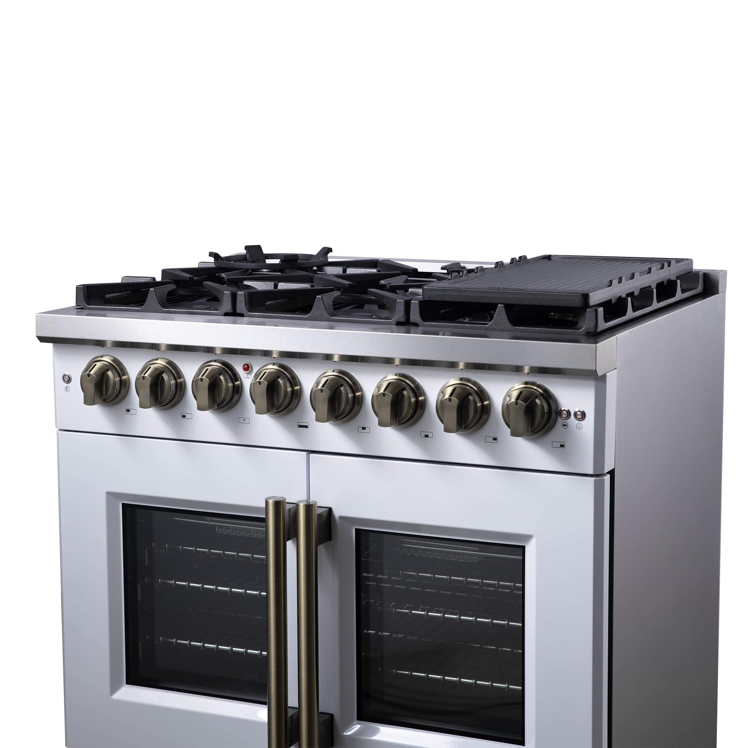 Forno Capriasca 36-Inch Dual Fuel Freestanding Range, 5.36 cu. ft. Oven, 6 Sealed Brass Burners, Air Fry Basket, Rotisserie Kit, Wok Ring & Griddle, White with Antique Brass Acccents (FFSGS6387-36WHT)