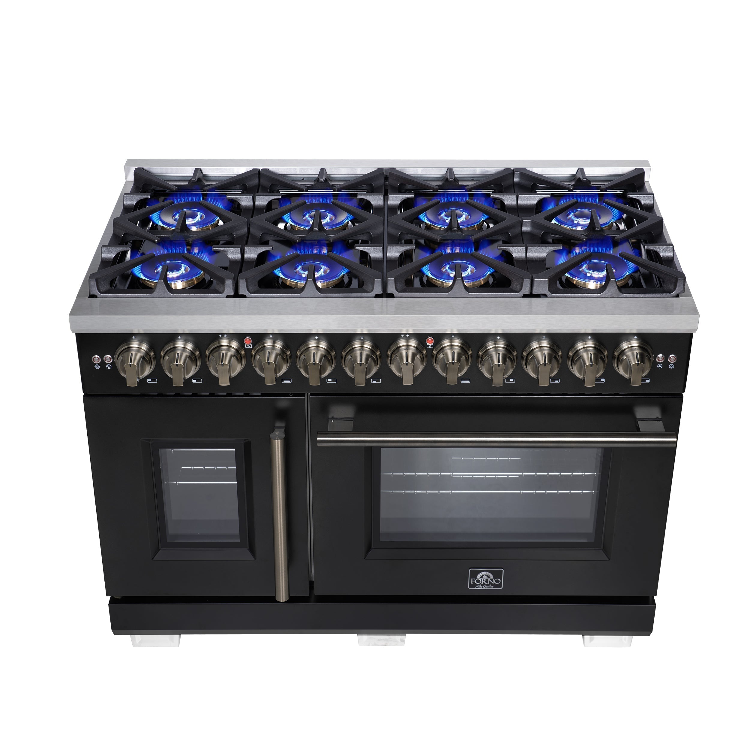 Forno Capriasca 48-Inch Dual Fuel Range, 6.58 cu. ft. Oven, 8 Sealed Brass Burners, Air Fryer Kit, Rotisserie Kit, Wok Ring & Griddle, Black with Antique Brass Accents (FFSGS6387-48BLK)
