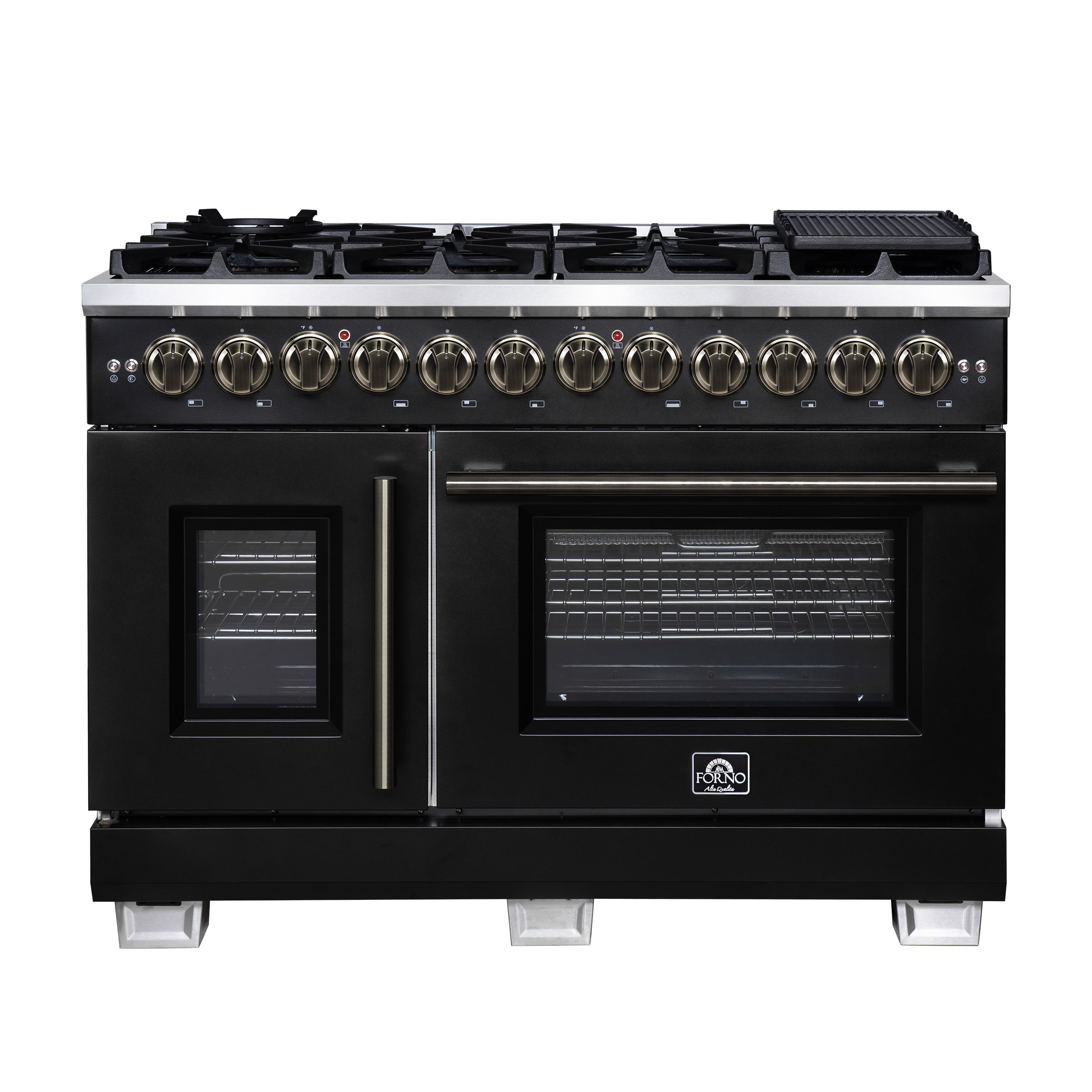 Forno Capriasca 48-Inch Dual Fuel Range, 6.58 cu. ft. Oven, 8 Sealed Brass Burners, Air Fryer Kit, Rotisserie Kit, Wok Ring & Griddle, Black with Antique Brass Accents (FFSGS6387-48BLK)