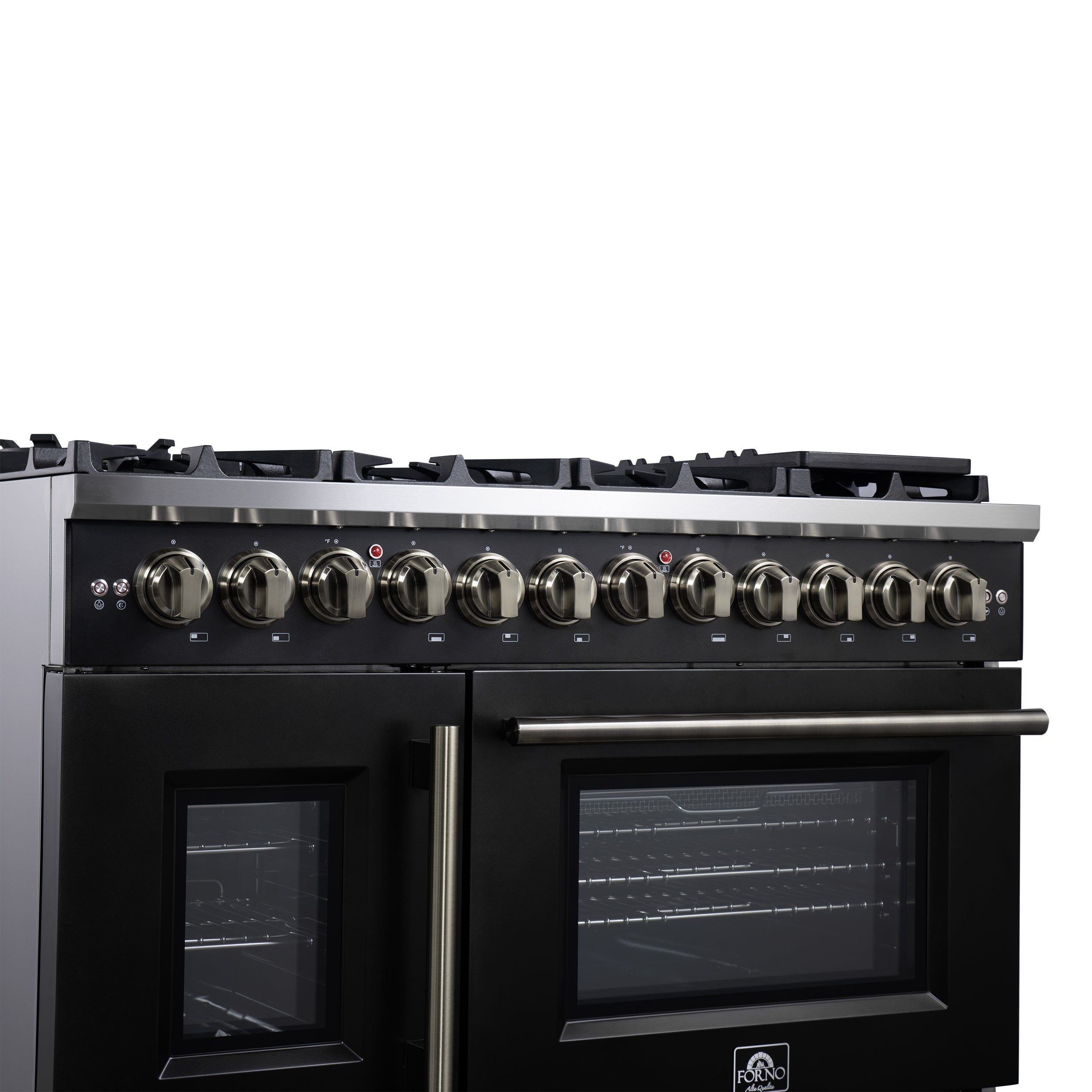 Forno Capriasca 48-Inch Dual Fuel Range, 6.58 cu. ft. Oven, 8 Sealed Brass Burners, Air Fryer Kit, Rotisserie Kit, Wok Ring & Griddle, Black with Antique Brass Accents (FFSGS6387-48BLK)