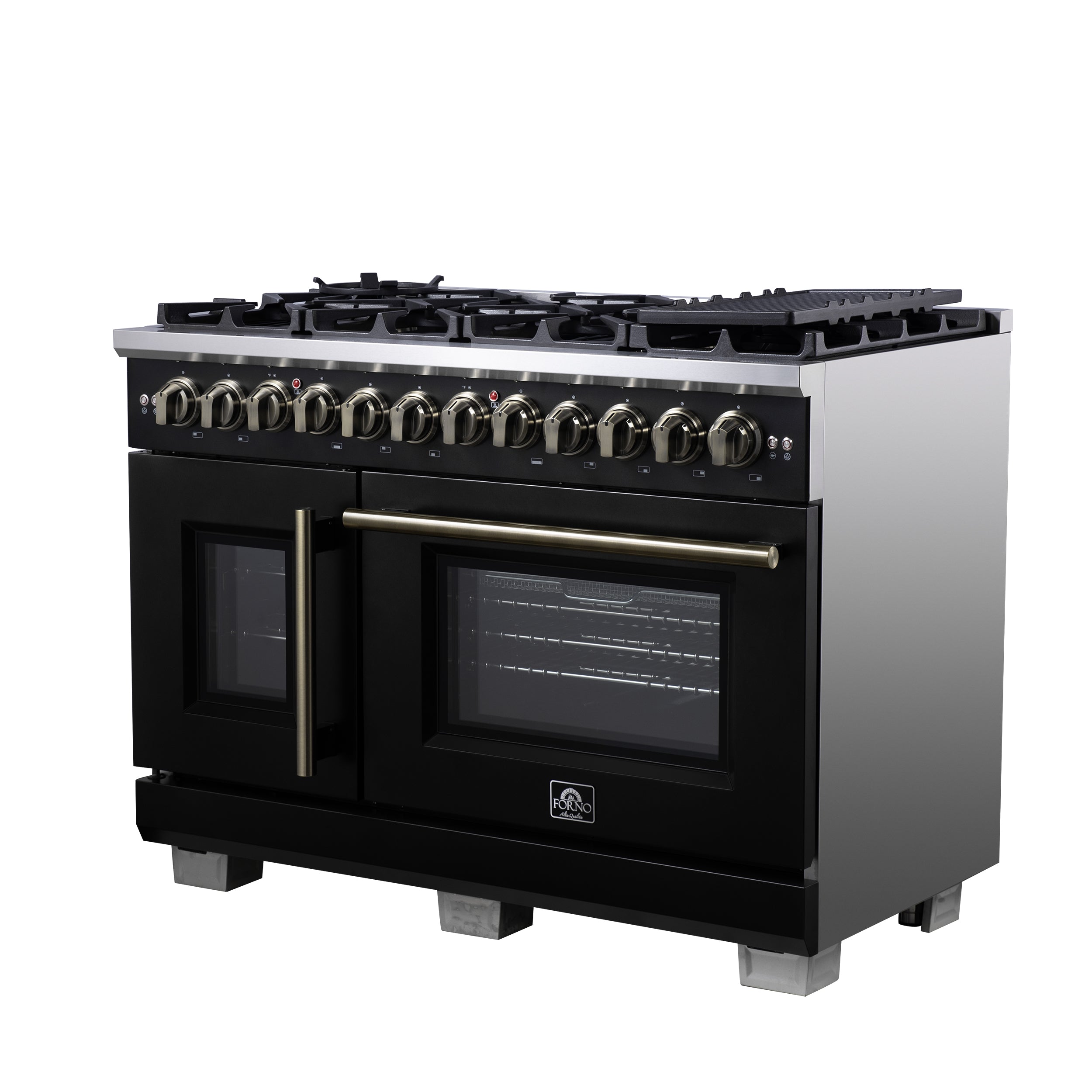 Forno Capriasca 48-Inch Dual Fuel Range, 6.58 cu. ft. Oven, 8 Sealed Brass Burners, Air Fryer Kit, Rotisserie Kit, Wok Ring & Griddle, Black with Antique Brass Accents (FFSGS6387-48BLK)