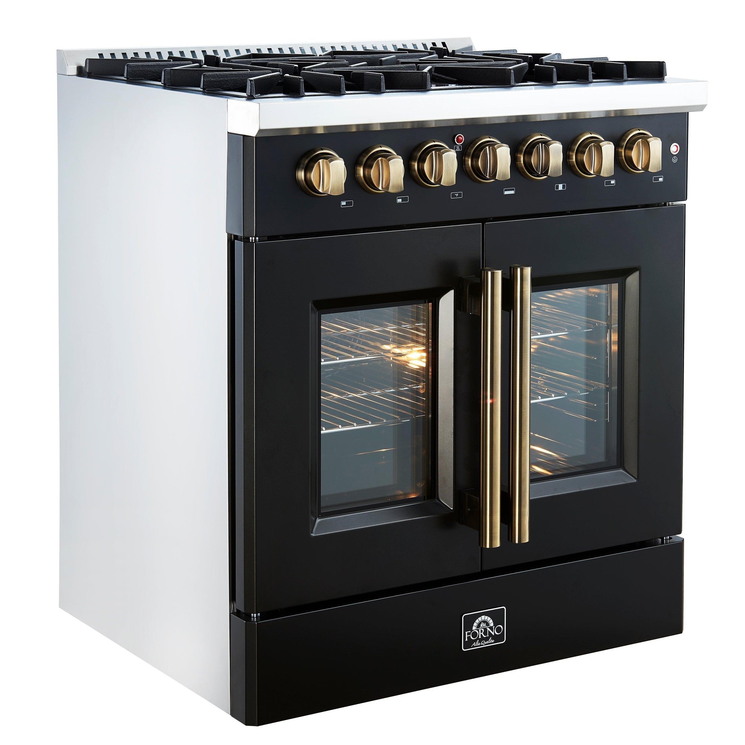 Forno Galiano 30-Inch Dual Fuel Range, 4.32 cu. ft., 5 Sealed Burners, French Door Oven, Black with Antique Brass Accents (Model FFSGS6356-30BLK)
