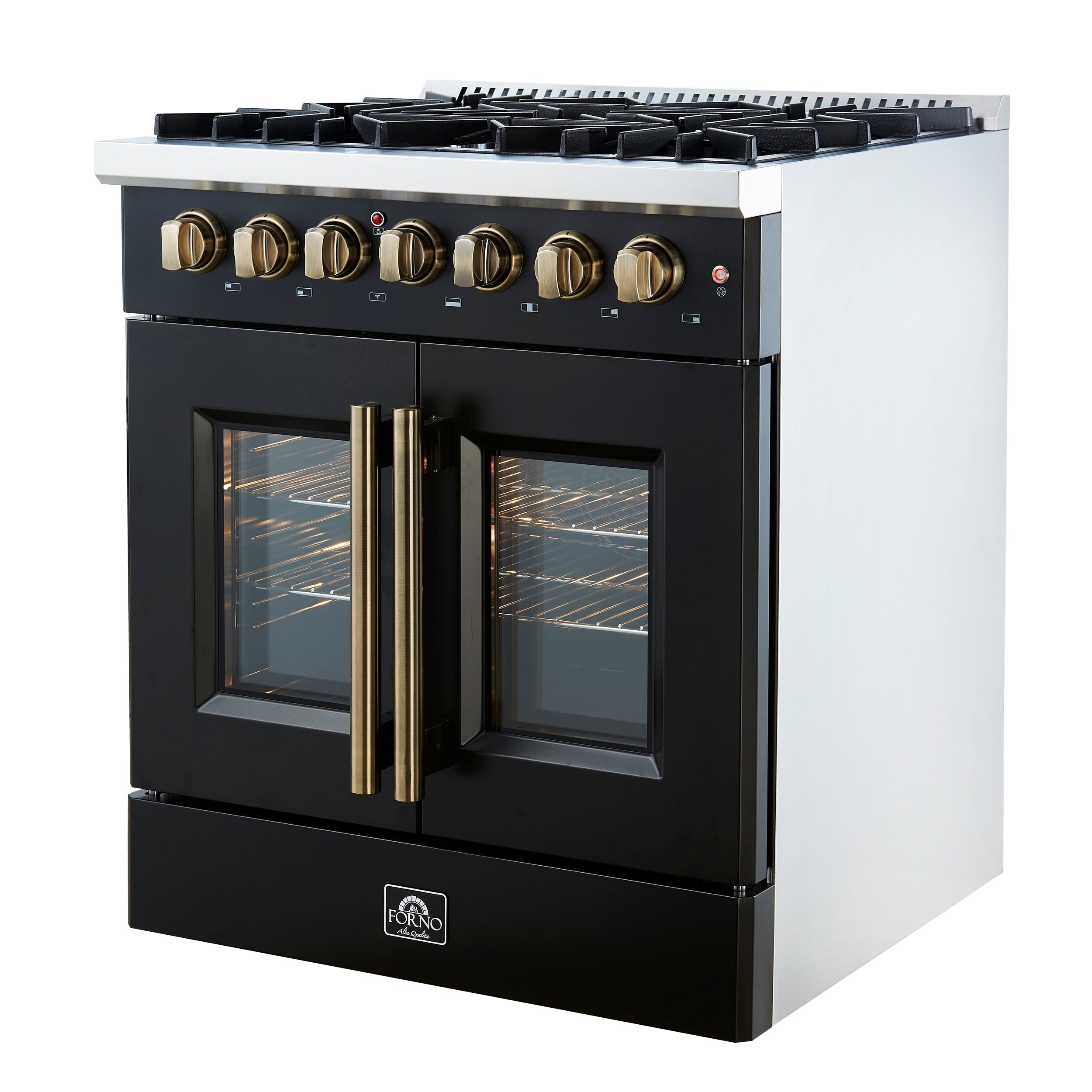 Forno Galiano 30-Inch Dual Fuel Range, 4.32 cu. ft., 5 Sealed Burners, French Door Oven, Black with Antique Brass Accents (Model FFSGS6356-30BLK)