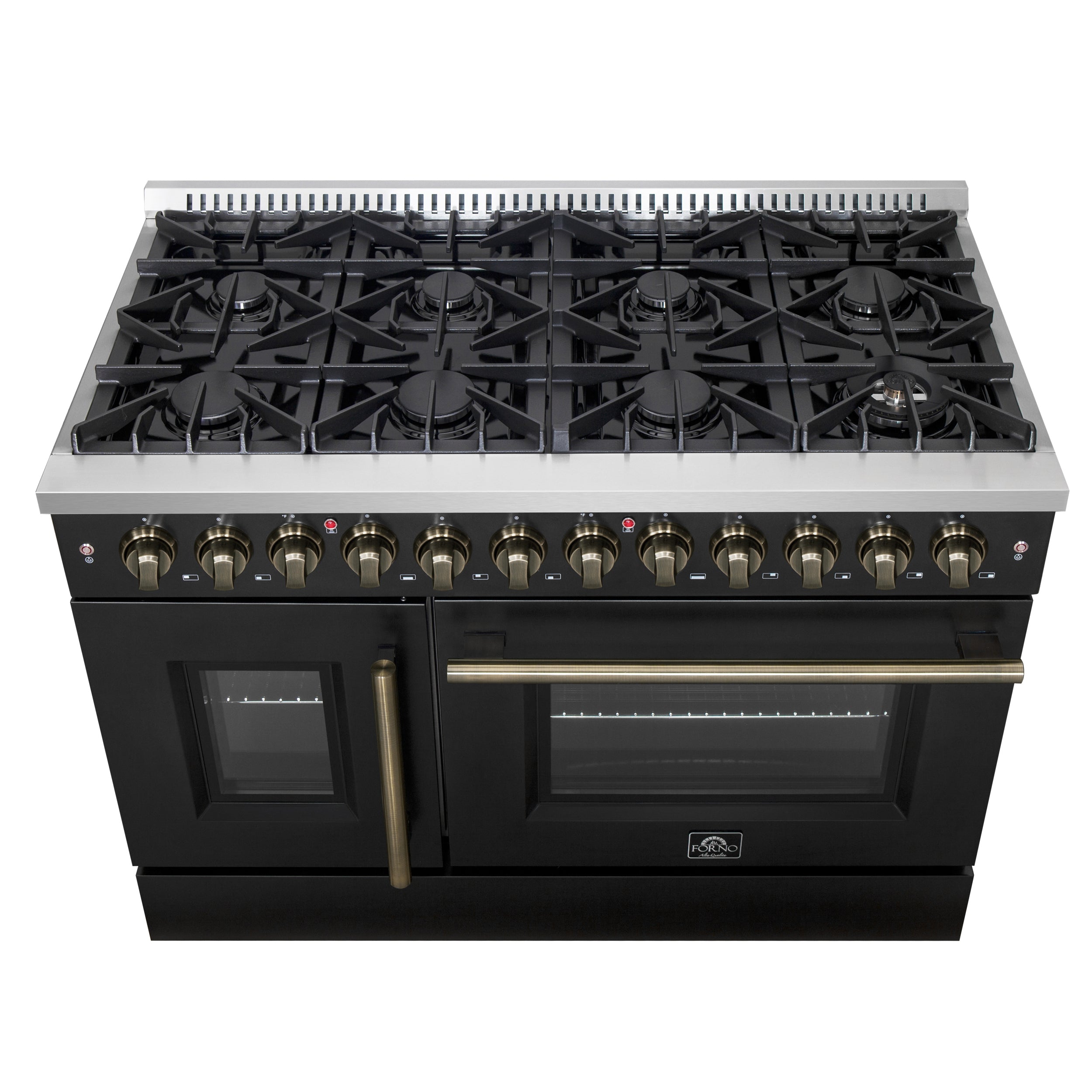 Forno Galiano 48-Inch Dual Fuel Range with French Door Oven, 6.58 cu. ft., 8 Sealed Burners, Griddle, Black with Antique Brass Accents (Model FFSGS6356-48BLK)