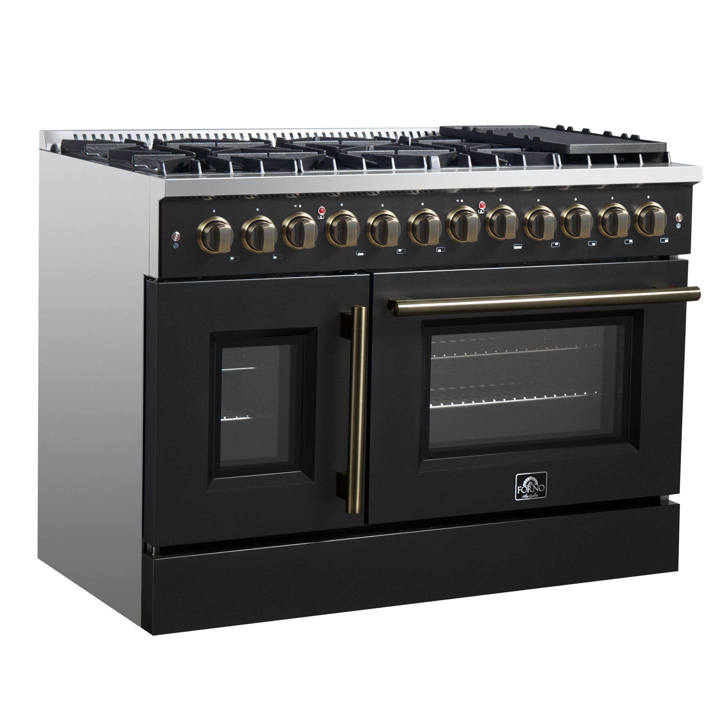 Forno Galiano 48-Inch Dual Fuel Range with French Door Oven, 6.58 cu. ft., 8 Sealed Burners, Griddle, Black with Antique Brass Accents (Model FFSGS6356-48BLK)