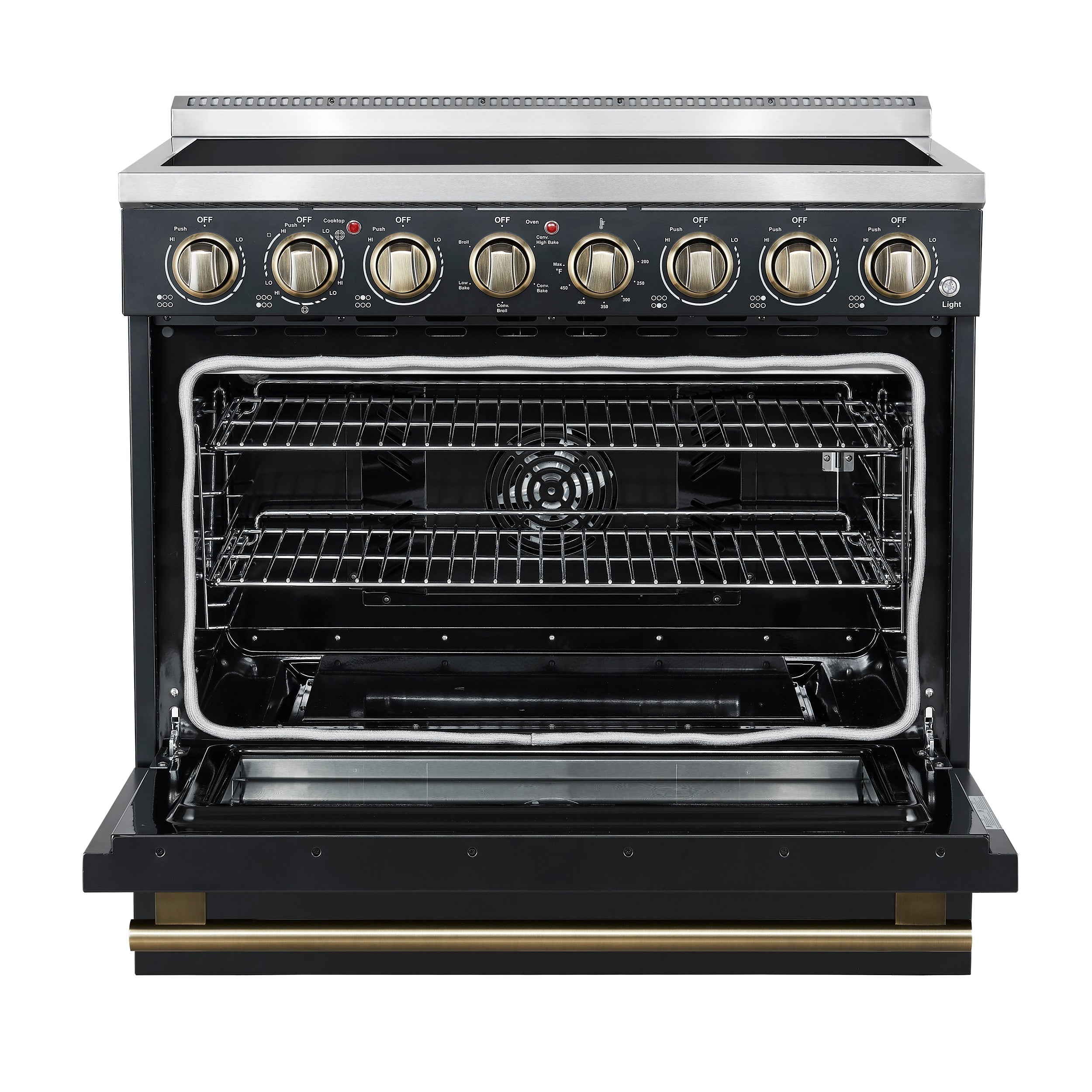 Forno Paolo 36-Inch Freestanding Electric Range, 5.44 cu. ft. True Convection Oven, Black with Antique Brass Accents (Model FFSEL6011-36BLK)