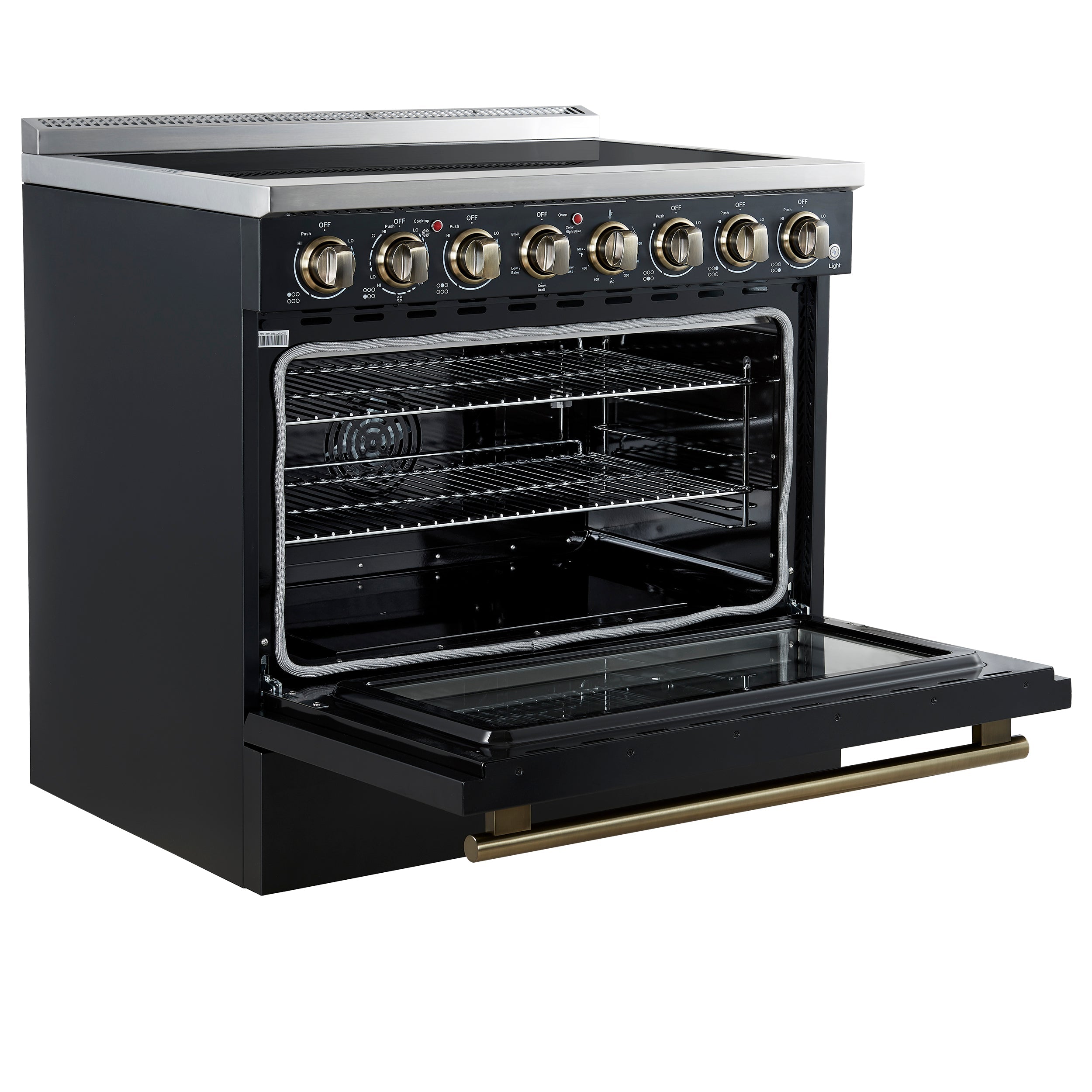 Forno Paolo 36-Inch Freestanding Electric Range, 5.44 cu. ft. True Convection Oven, Black with Antique Brass Accents (Model FFSEL6011-36BLK)