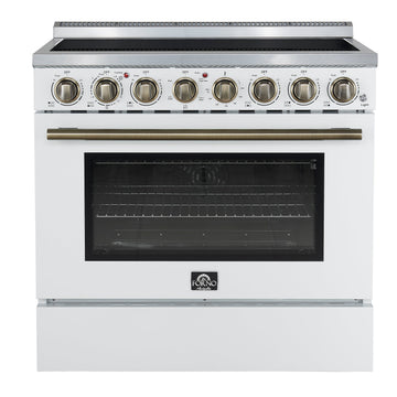 Forno Paolo 36-Inch Freestanding Electric Range with 5.44 cu. ft. True Convection Oven, White with Antique Brass Accents (FFSEL6011-36WHT)