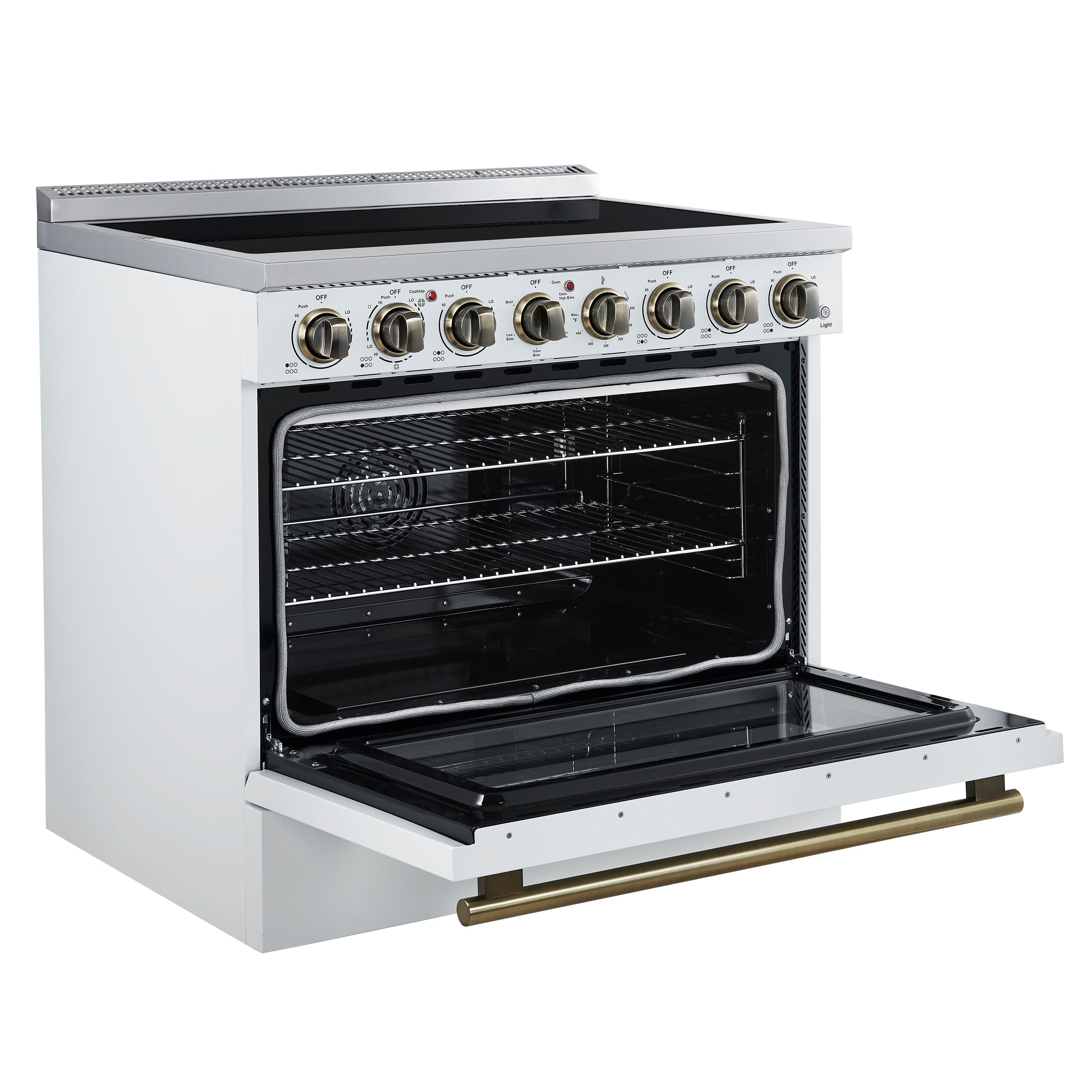 Forno Paolo 36-Inch Freestanding Electric Range with 5.44 cu. ft. True Convection Oven, White with Antique Brass Accents (FFSEL6011-36WHT)