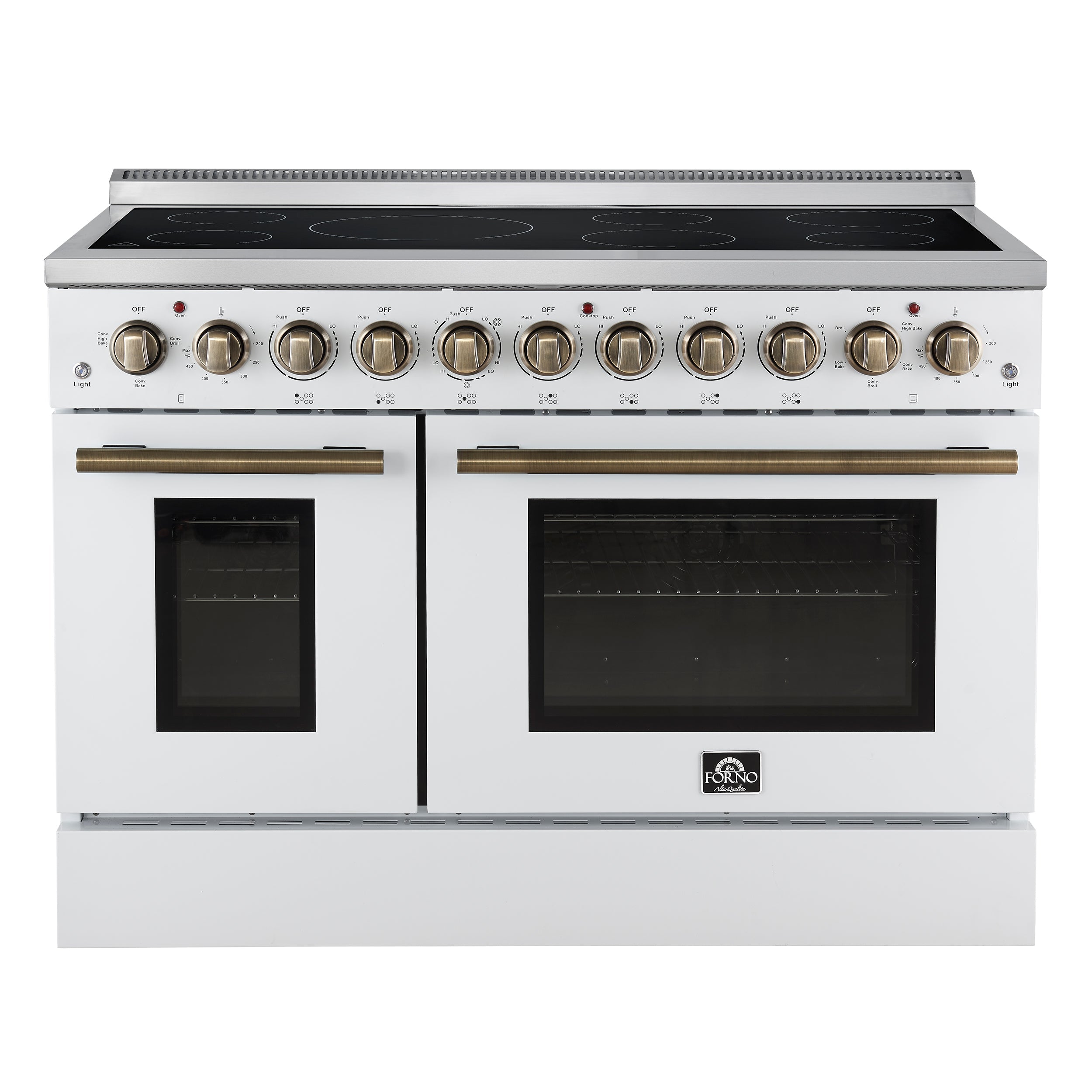 Forno Paolo 48-Inch Freestanding Electric Range with True Convection Oven, 6.7 Cu. Ft., White with Antique Brass Accents (Model FFSEL6011-48WHT)