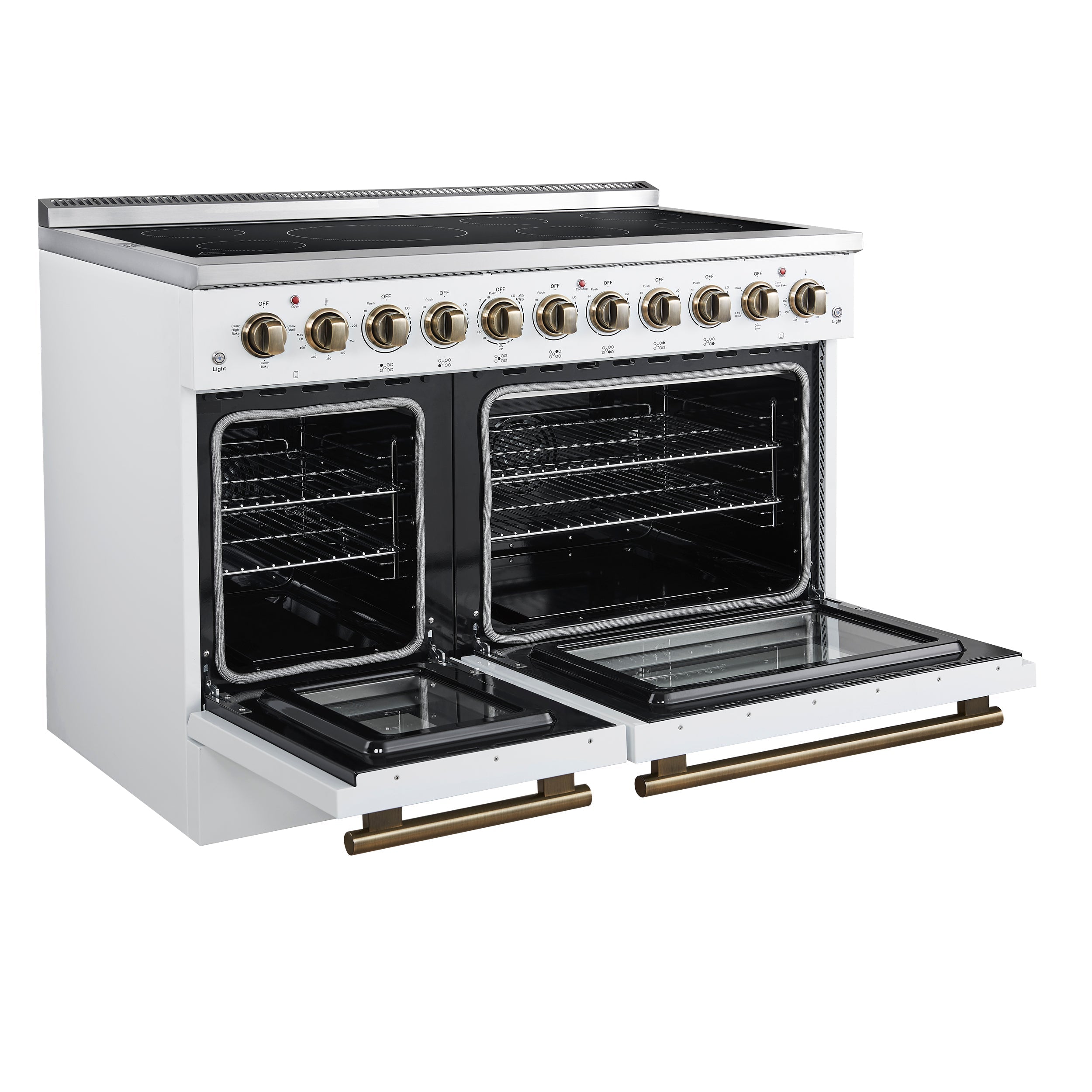 Forno Paolo 48-Inch Freestanding Electric Range with True Convection Oven, 6.7 Cu. Ft., White with Antique Brass Accents (Model FFSEL6011-48WHT)