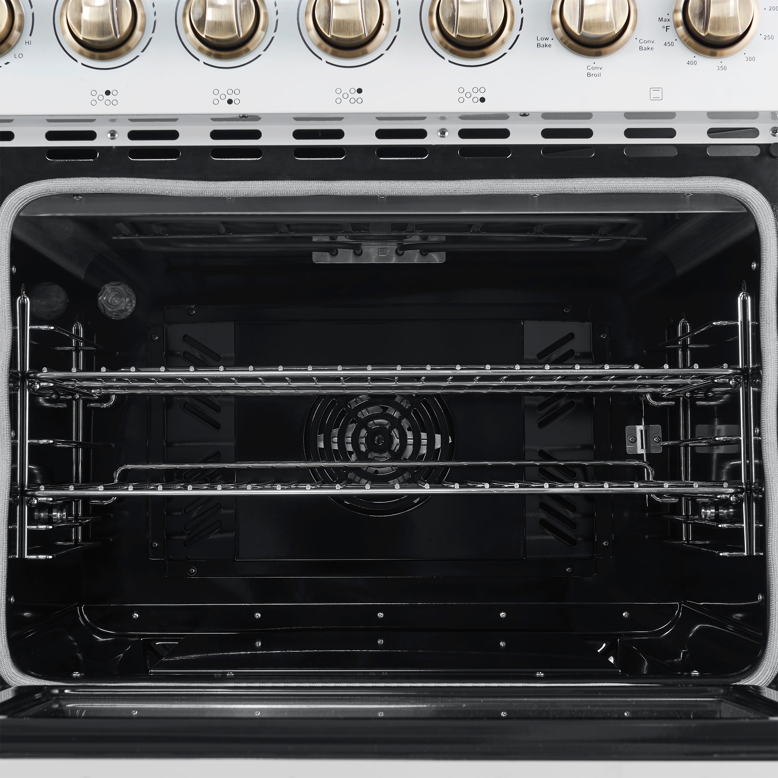 Forno Paolo 48-Inch Freestanding Electric Range with True Convection Oven, 6.7 Cu. Ft., White with Antique Brass Accents (Model FFSEL6011-48WHT)