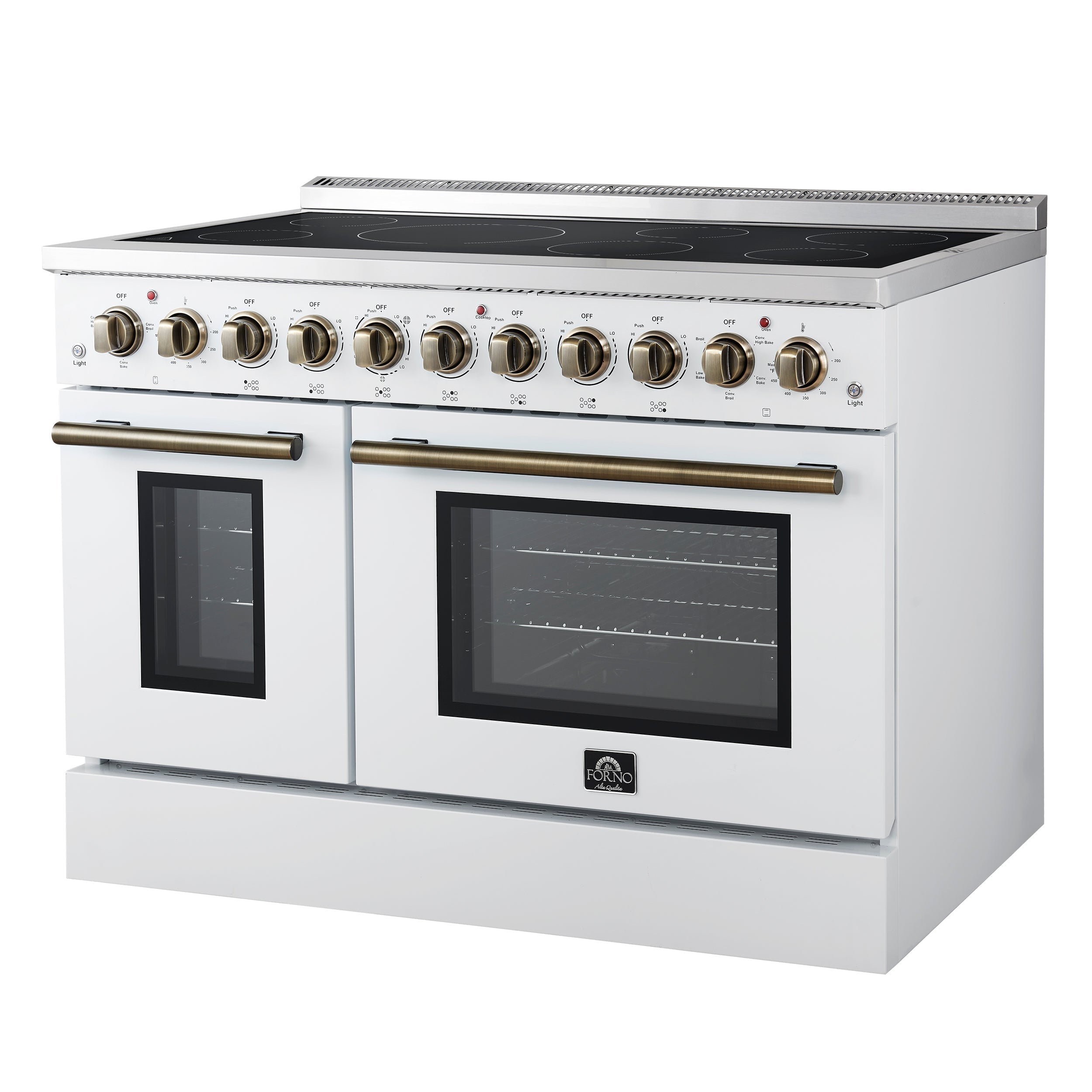 Forno Paolo 48-Inch Freestanding Electric Range with True Convection Oven, 6.7 Cu. Ft., White with Antique Brass Accents (Model FFSEL6011-48WHT)