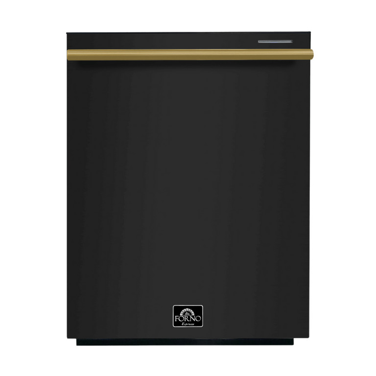 FORNO Espresso Package - 30" Electric Range, Refrigerator and Dishwasher in Black with Antique Brass Handles