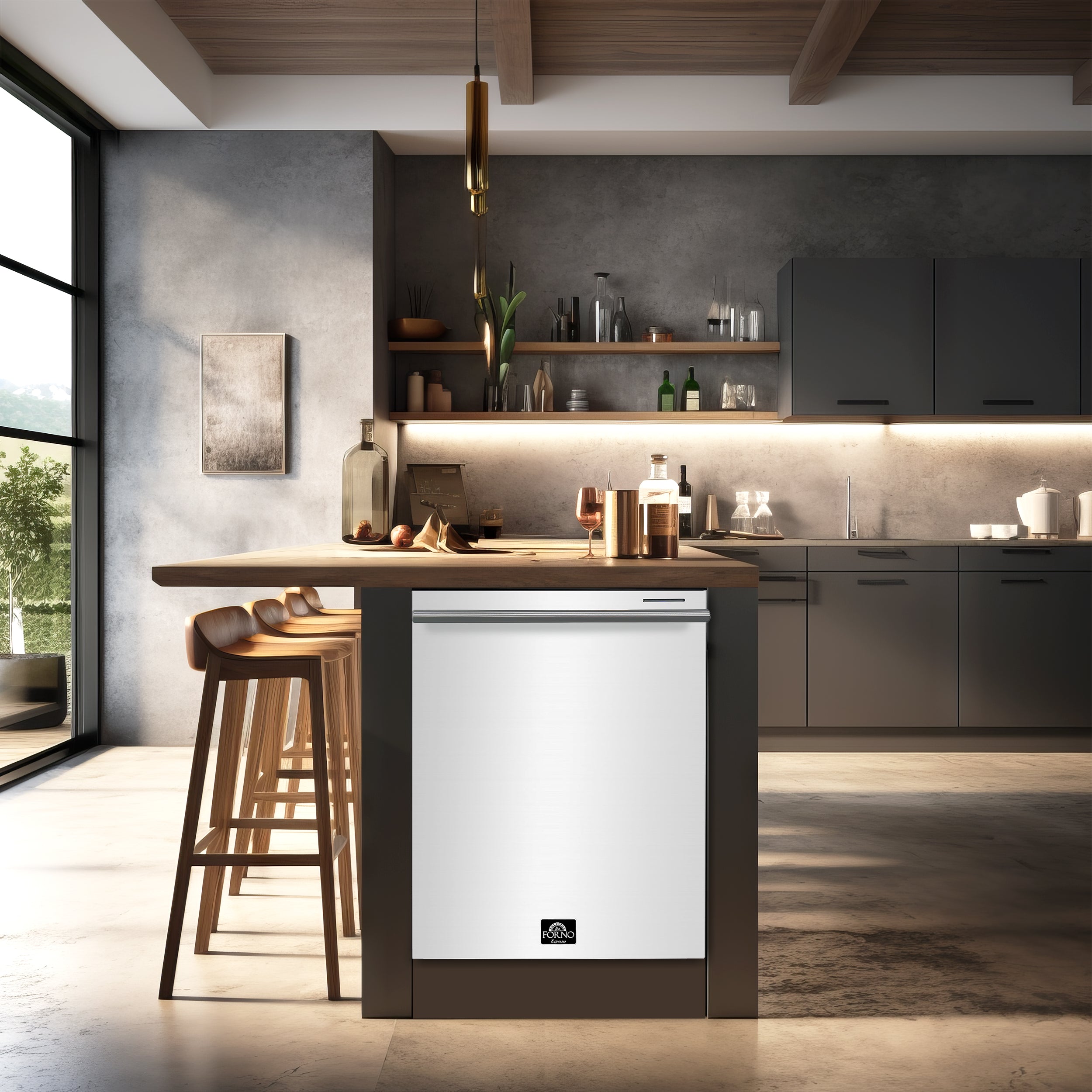 FORNO Espresso Package - 30" Induction Range, Over-The-Range Microwave, 36" Refrigerator with Water Dispenser/Ice Maker and Dishwasher in White with Stainless Steel Accents, AP4-0982WHT-S14