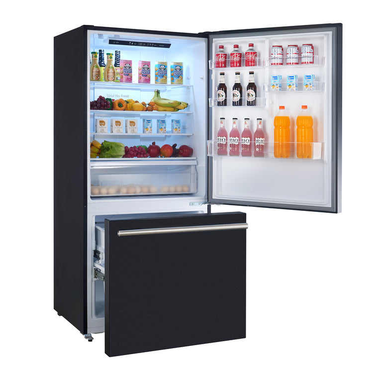 FORNO Espresso Package - 30" Electric Range, Refrigerator and Dishwasher in Black with Antique Brass Handles