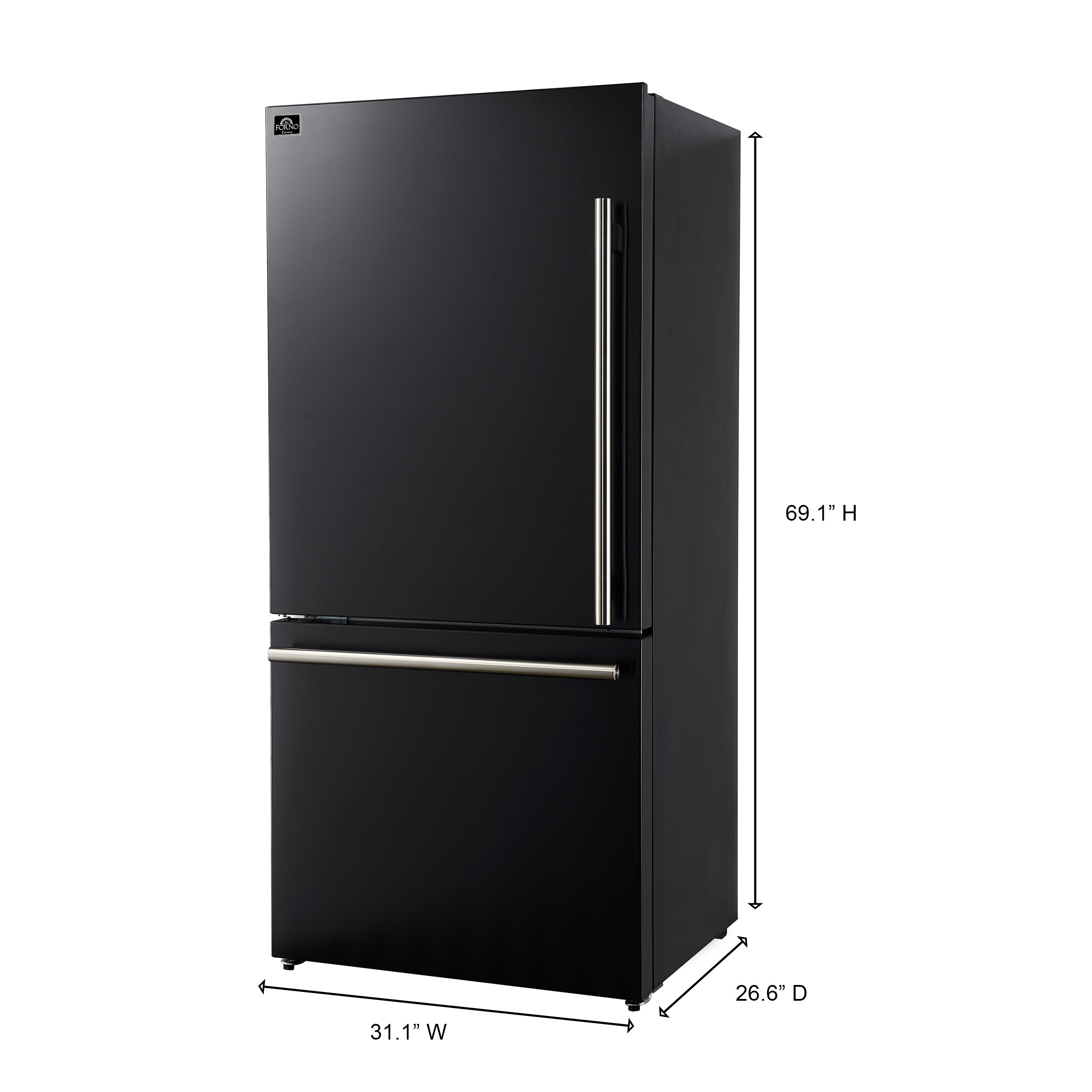 Forno Espresso Milano 31-Inch French Door Refrigerator with Bottom Freezer, 17.2 Cu. Ft., Ice Maker, Black with Antique Brass Handles (Model FFFFD1786-31BLK)