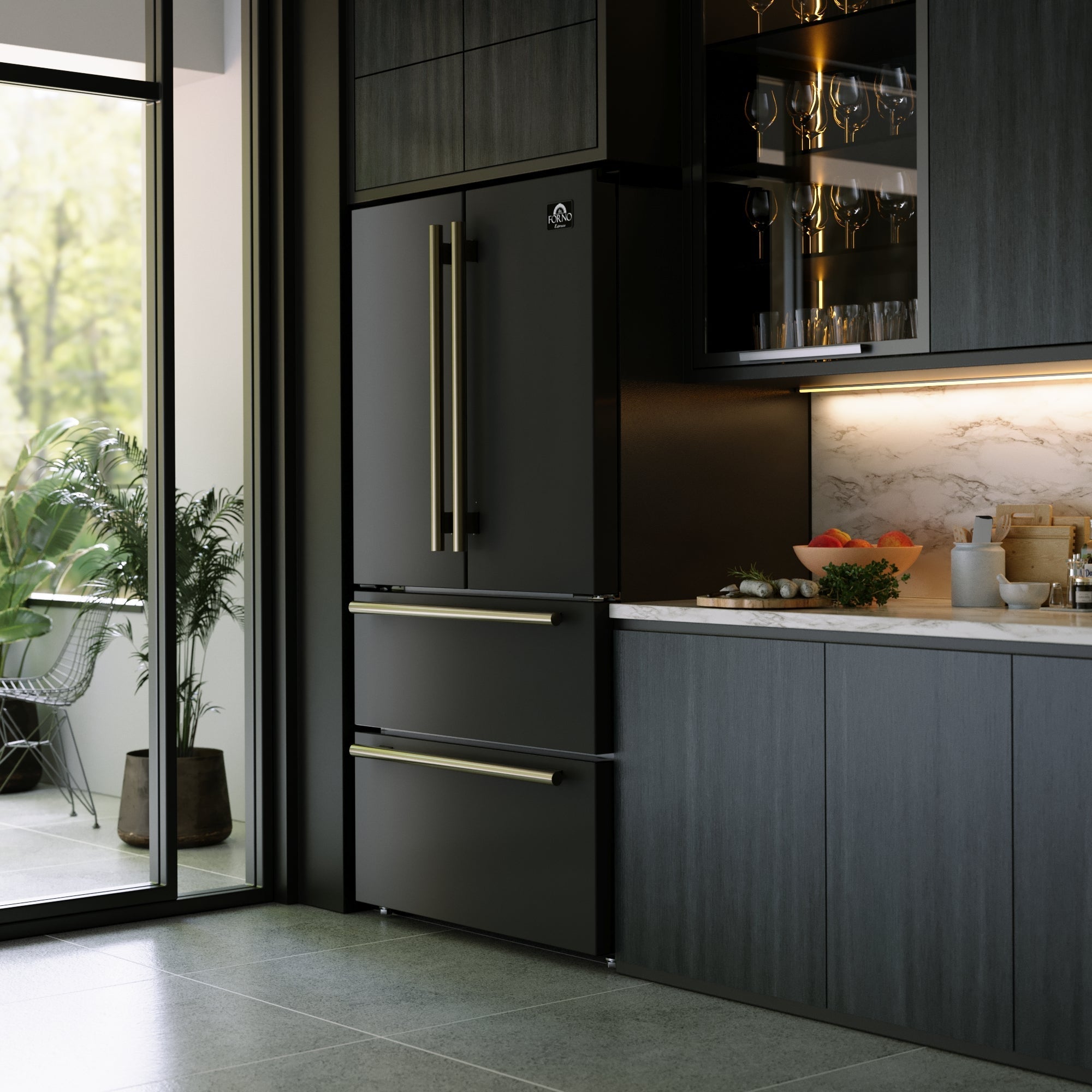 FORNO Appliance Package - 36" Electric Range, 36" Refrigerator, Dishwasher in Black with Antique Brass Accents