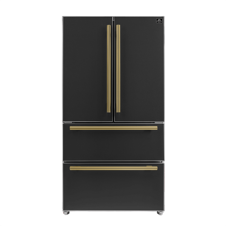 FORNO Espresso Package - 36" Refrigerator and Dishwasher in Black with Antique Brass Handles