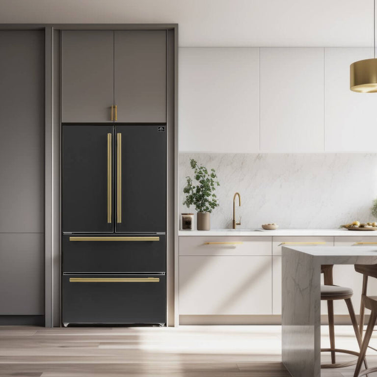 FORNO Espresso Package - 36" Refrigerator and Dishwasher in Black with Antique Brass Handles