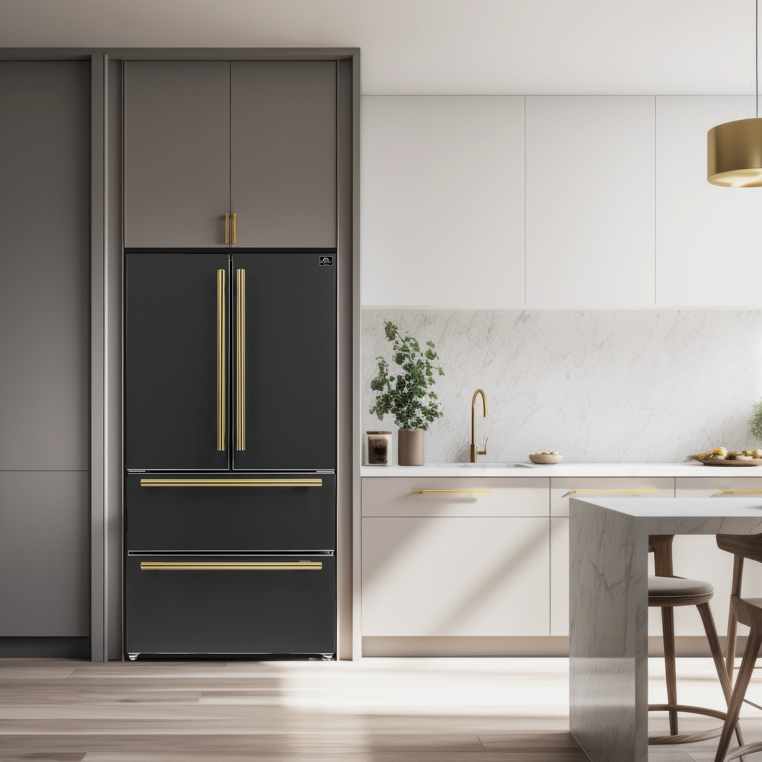 FORNO Espresso Package - 48" Dual Fuel Range, Range Hood, 36" Refrigerator in Black with Antique Brass Accents