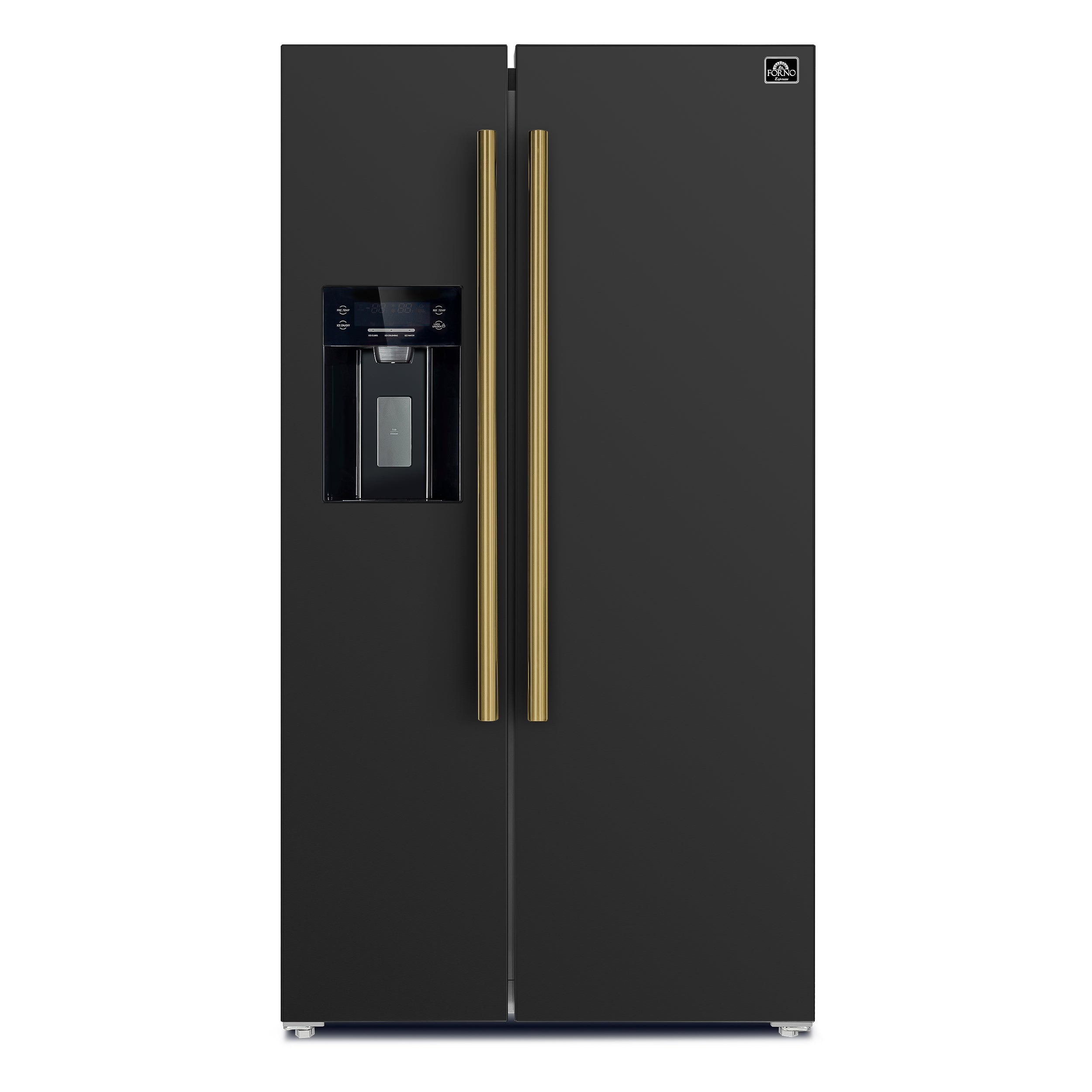 Forno Salerno 36-Inch Side-by-Side Refrigerator, 20 cu. ft., Black, Water & Ice Dispenser, Antique Brass Handles (FFRBI1844-36BLK)