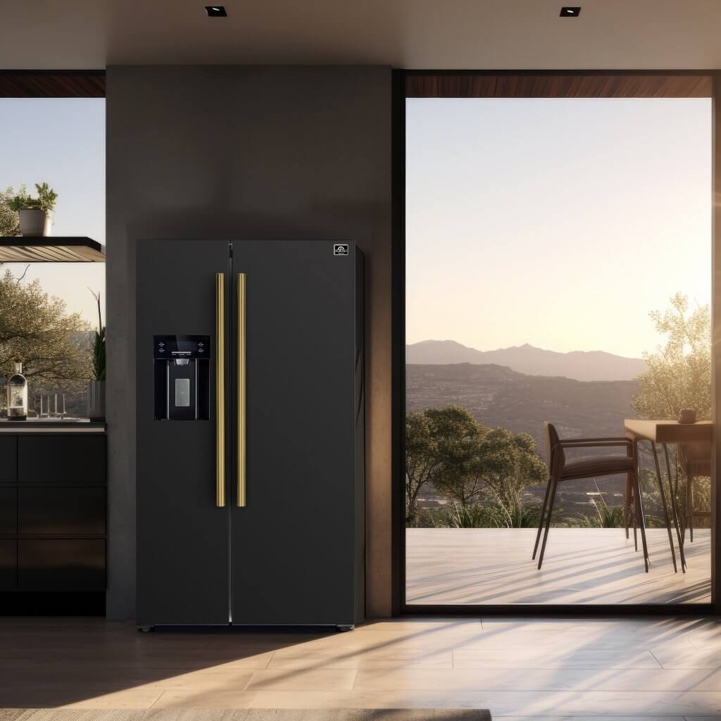 FORNO Paolo Package - 30" Electric Range, Over-The-Range Microwave, 36" Refrigerator with Water Dispenser/Ice Maker and Dishwasher in Black with Antique Brass Accents, AP4-6011BLK-A14