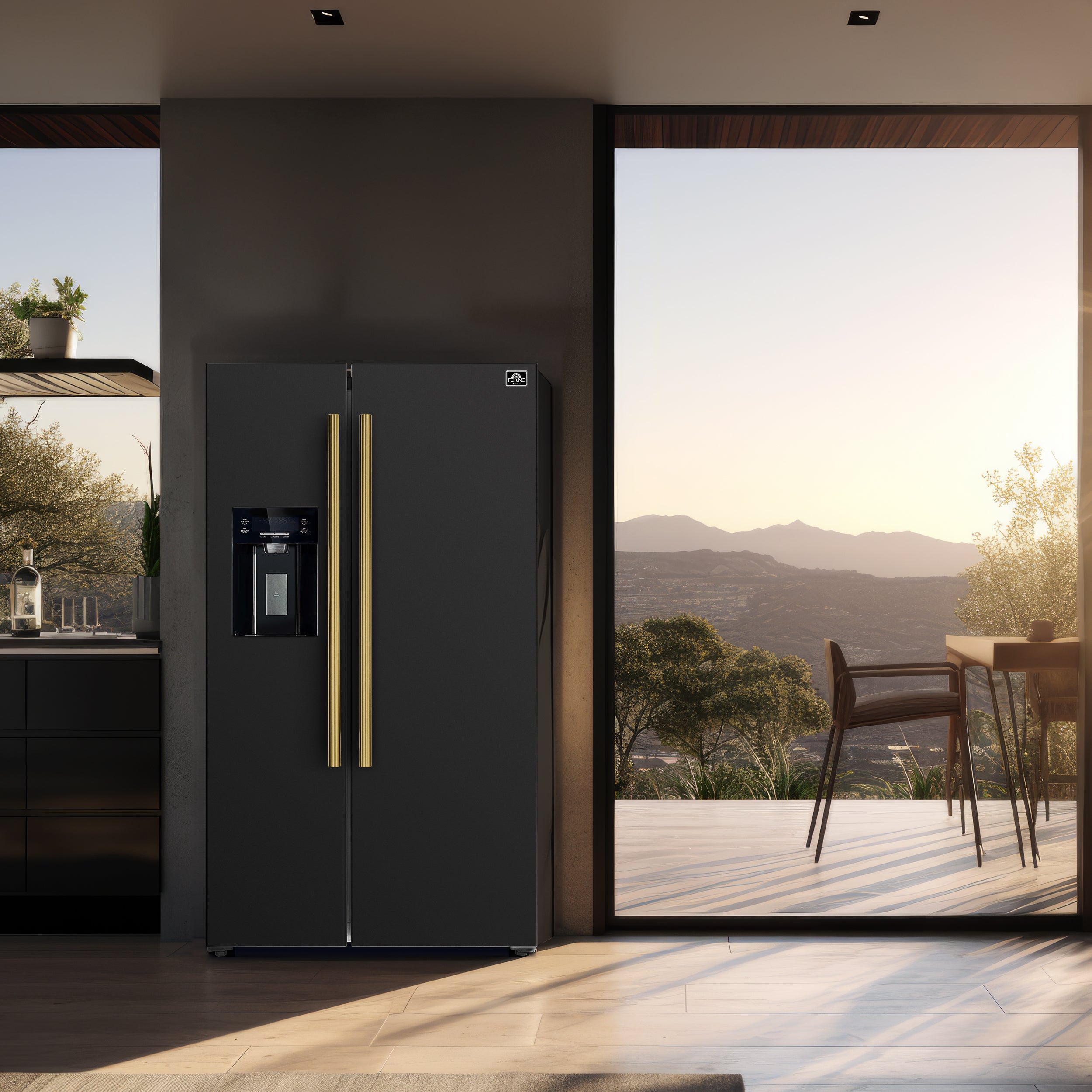 Forno Salerno 36-Inch Side-by-Side Refrigerator, 20 cu. ft., Black, Water & Ice Dispenser, Antique Brass Handles (FFRBI1844-36BLK)
