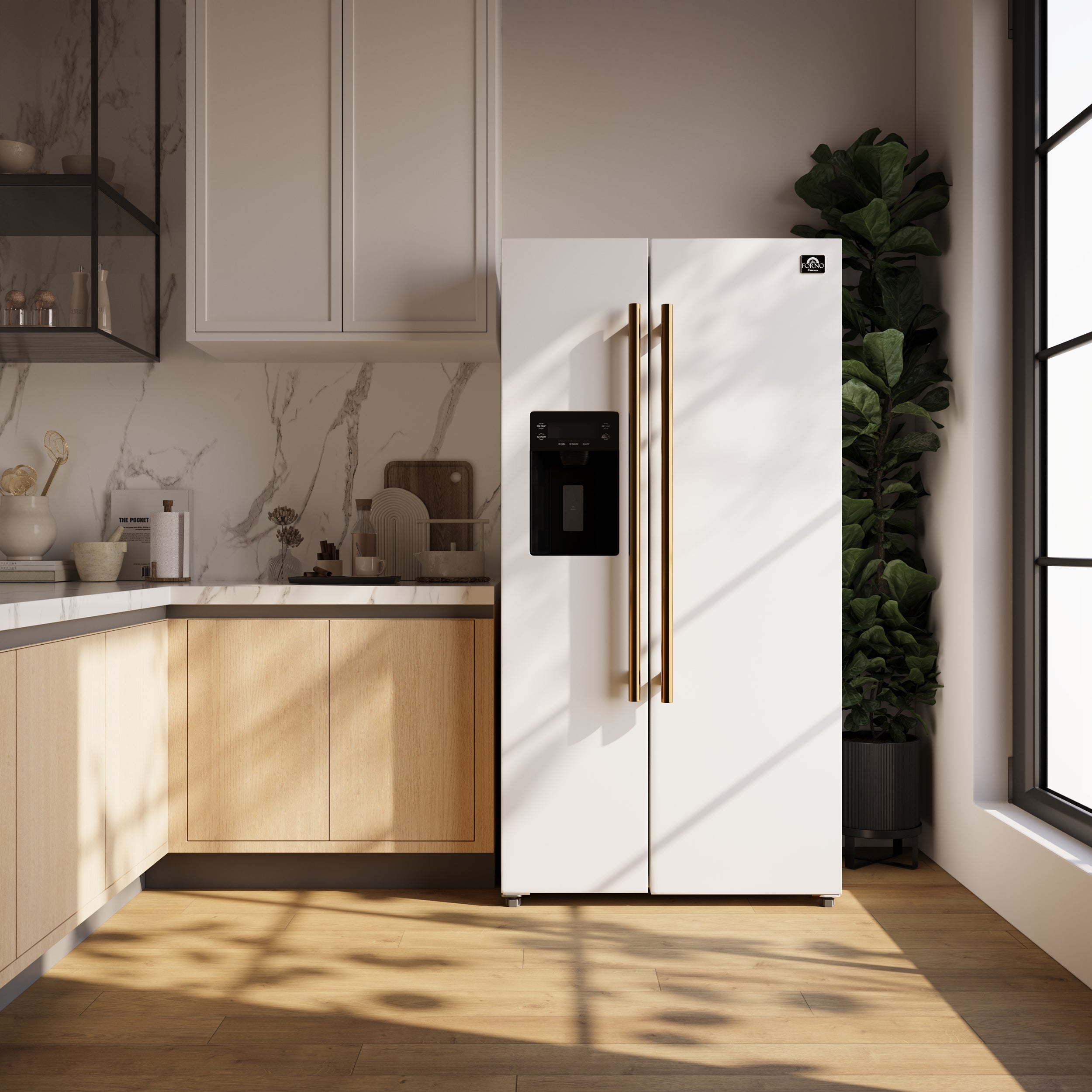 FORNO Espresso Package - 30" Electric Range, Wall Mount Range Hood, 36" Refrigerator with Water and Ice Dispenser and Dishwasher in White with Antique Brass Accents, AP4-6012WHT-A17