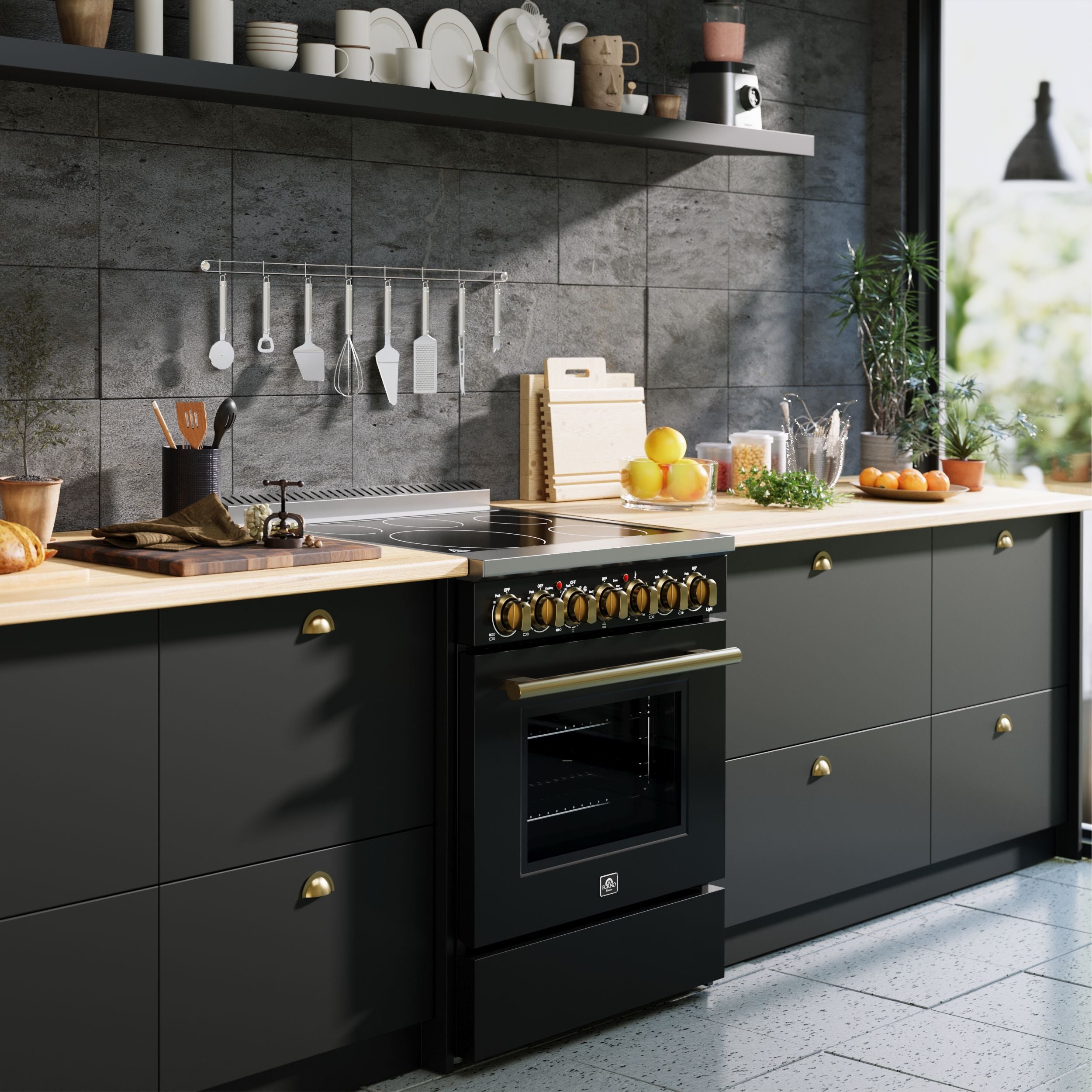 FORNO Paolo Package - 30" Electric Range, Wall Mount Range Hood, 30" Refrigerator and Dishwasher in Black with Antique Brass Accents, AP4-6011BLK-A16