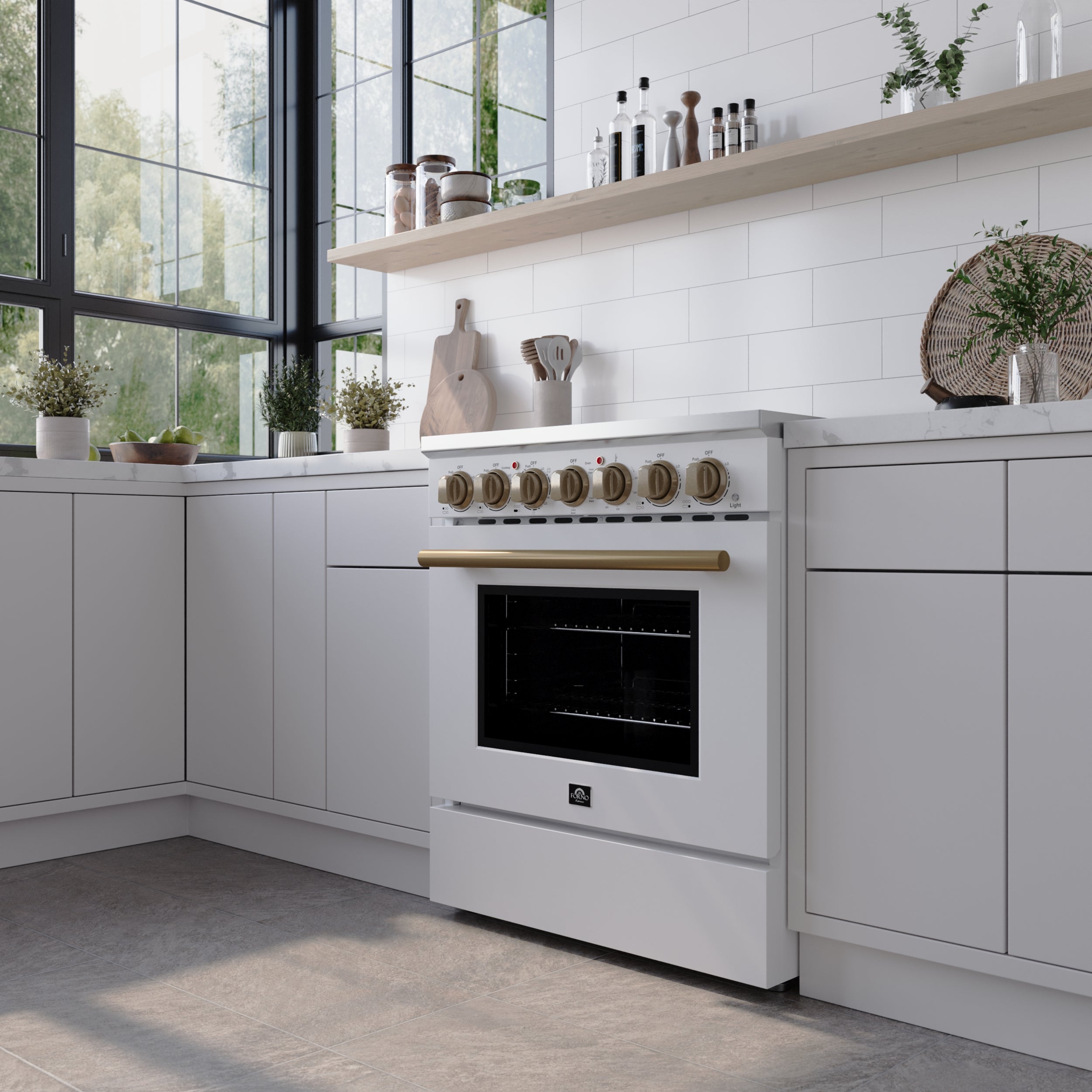 FORNO Paolo Package - 30" Electric Range, Over-The-Range Microwave, 36" Refrigerator with Water Dispenser/Ice Maker and Dishwasher in White with Antique Brass Accents, AP4-6011WHT-A14