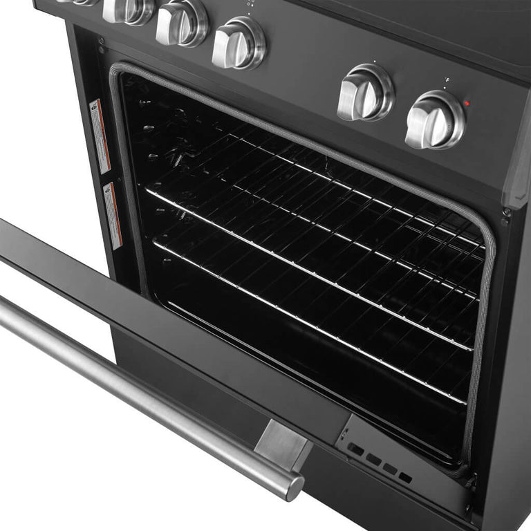 FORNO Espresso Package - 30" Electric Range, Refrigerator and Dishwasher in Black with Antique Brass Handles