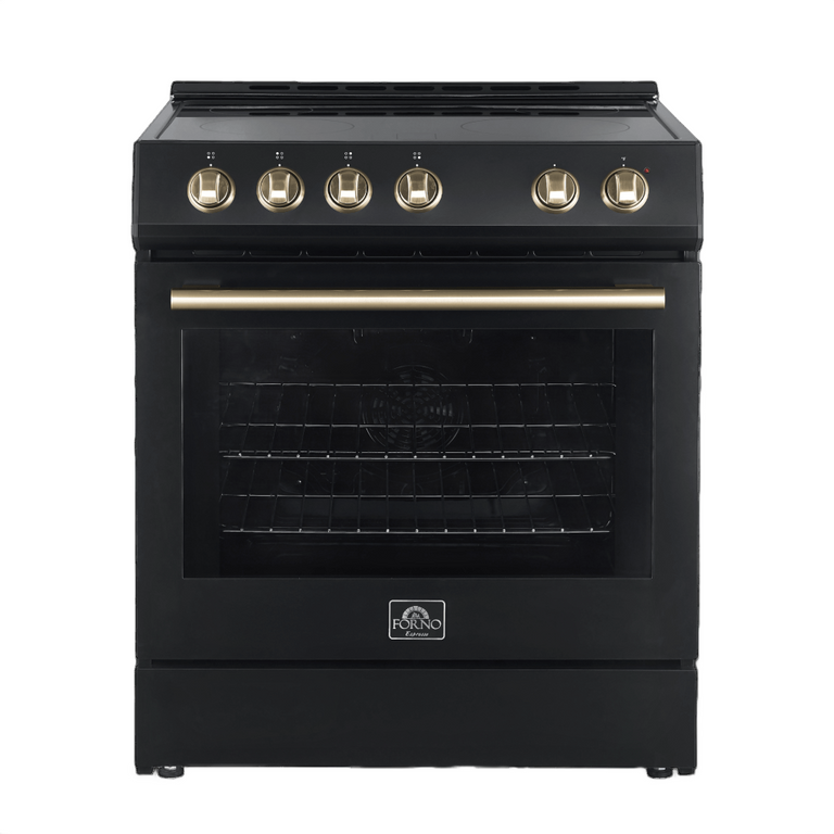 FORNO Espresso Package - 30" Electric Range, Refrigerator and Dishwasher in Black with Antique Brass Handles