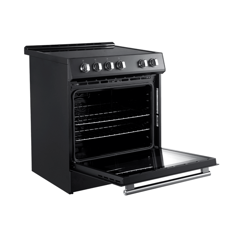 FORNO Espresso Package - 30" Electric Range, Range Hood, Refrigerator and Dishwasher in Black with Stainless Steel Handles