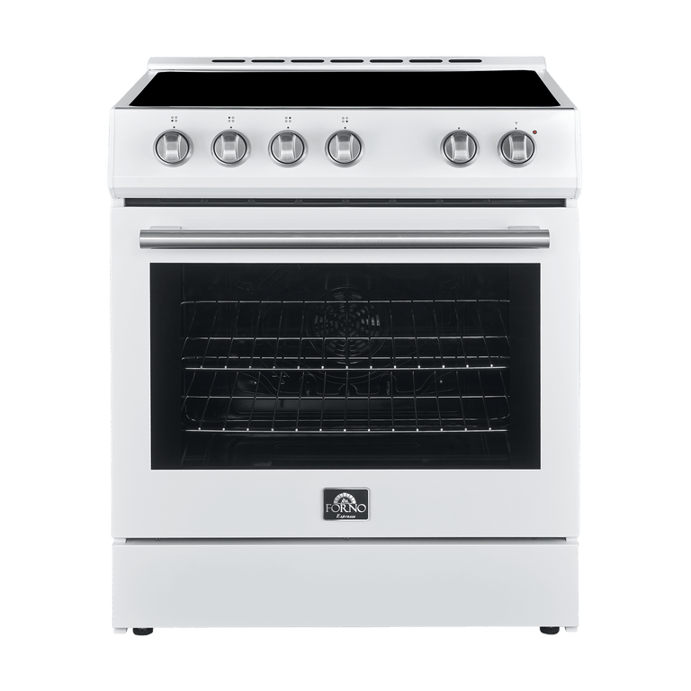 FORNO Espresso Package - 30" Electric Range, Range Hood, Refrigerator and Dishwasher in White with Stainless Steel Handles