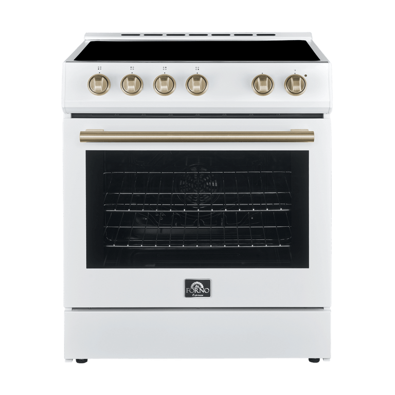 FORNO Espresso Package - 30" Electric Range, Range Hood and Refrigerator in White with Antique Brass Handles, FBDL-001-03US