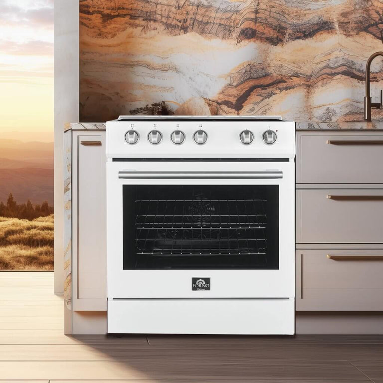 FORNO Espresso Package - 30" Electric Range, Range Hood and Refrigerator in White with Antique Brass Handles, FBDL-001-03US