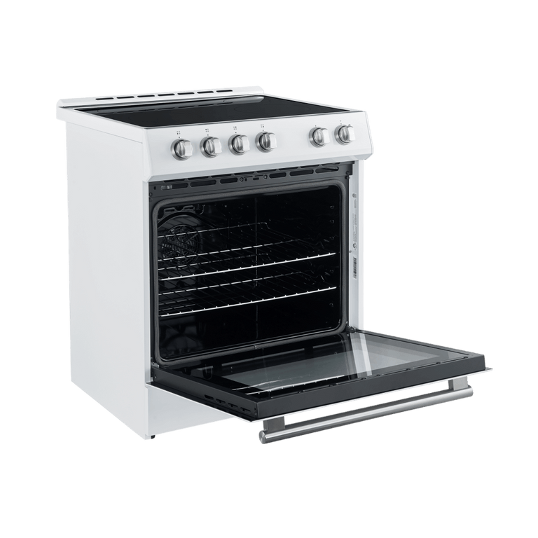 FORNO Espresso Package - 30" Electric Range, Range Hood, Refrigerator and Dishwasher in White with Stainless Steel Handles