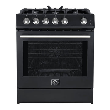 Forno Espresso Leonardo 30-Inch Freestanding Gas Range, 5.0 cu. ft., Black with Stainless Steel Handles (Model FFSGS1116-30BLK)