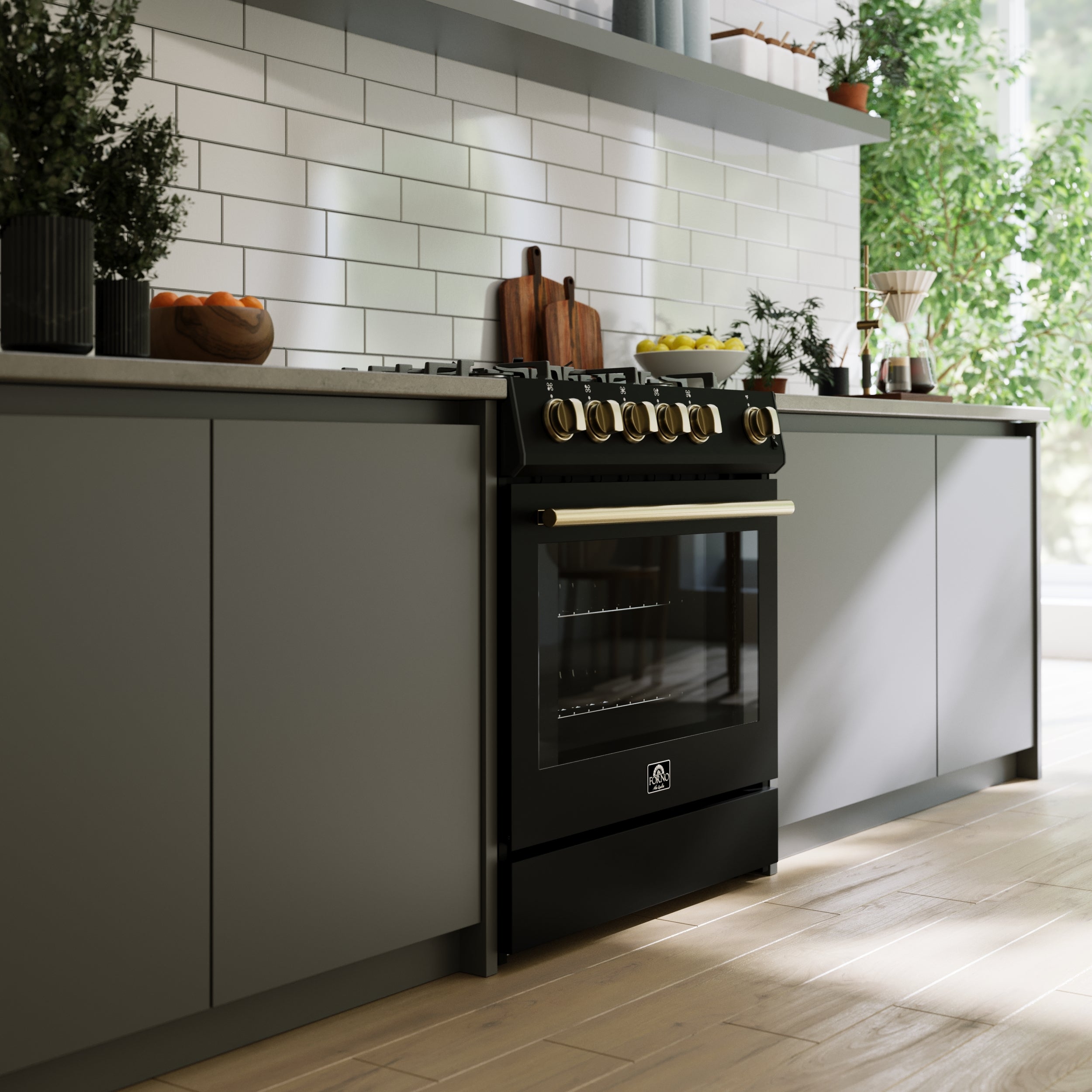 FORNO Espresso Package - 30" Gas Range, Wall Mount Range Hood, 36" Refrigerator with Water and Ice Dispenser and Dishwasher in Black with Antique Brass Accents, AP4-1116BLK-A17
