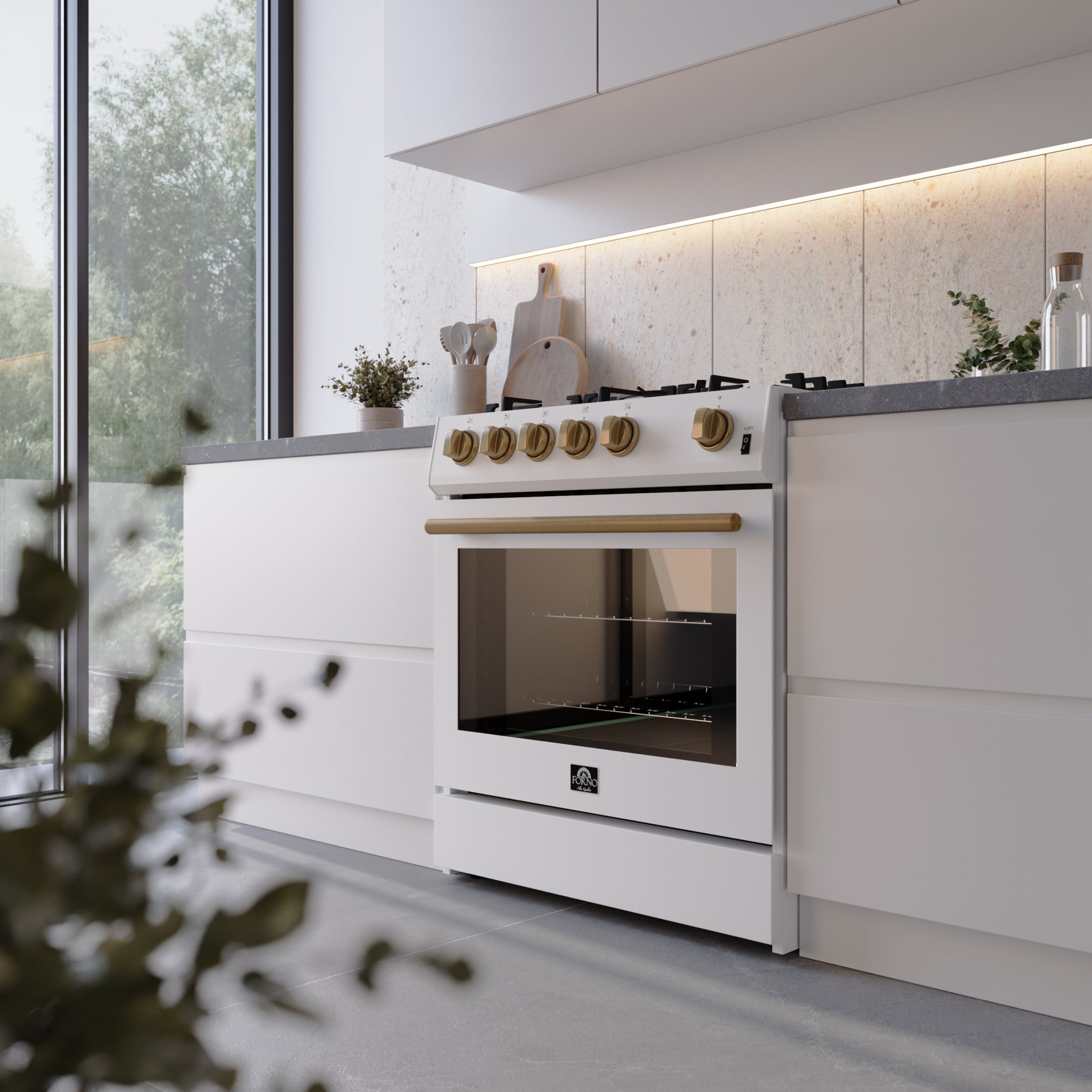 FORNO Espresso Package - 30" Electric Range, Over-The-Range Microwave, 30" Refrigerator with Ice Maker and Dishwasher in White with Antique Brass Accents, AP4-6012WHT-A13