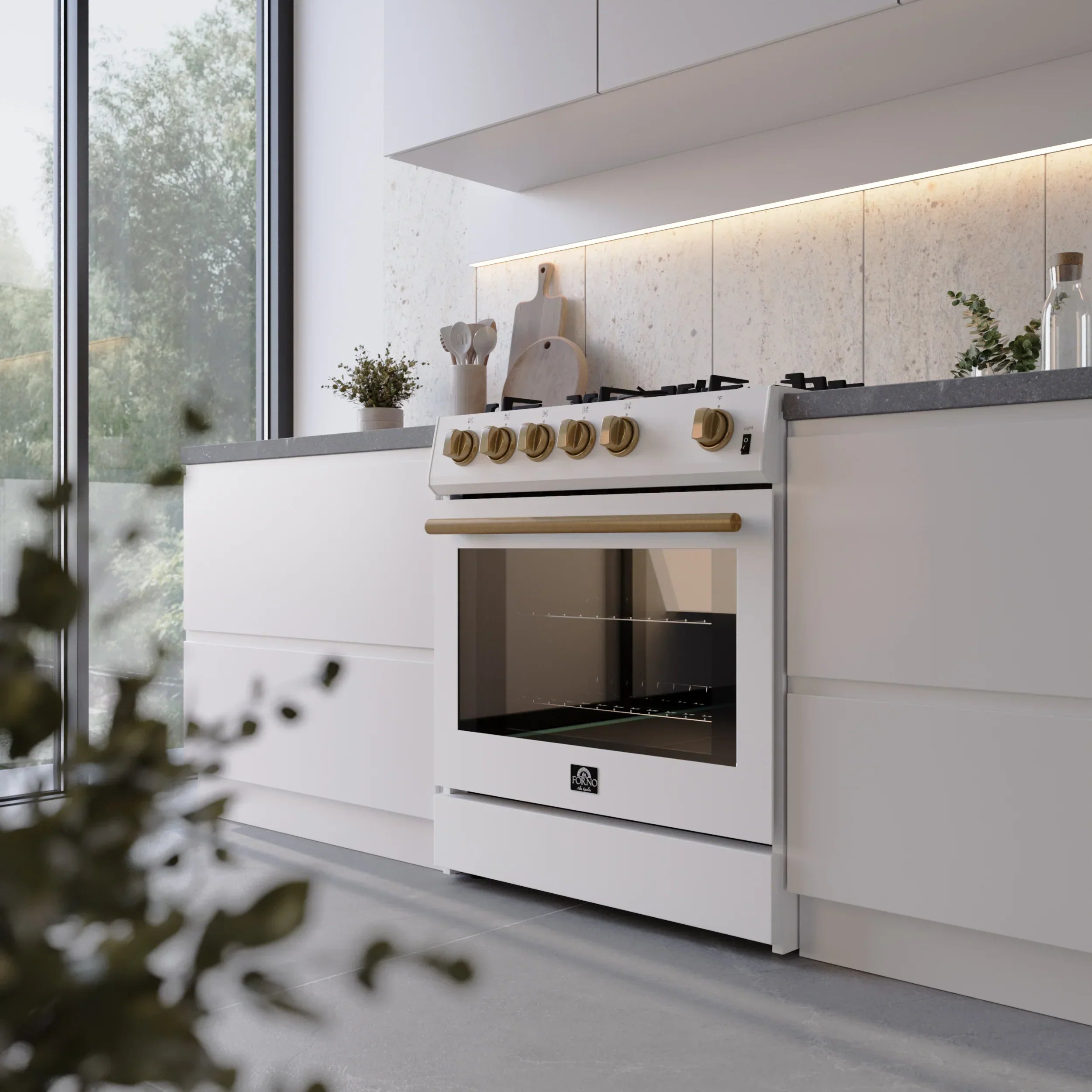 FORNO Espresso Package - 30" Gas Range, Wall Mount Range Hood, 30" Refrigerator and Dishwasher in White with Antique Brass Accents, AP4-1116WHT-A16