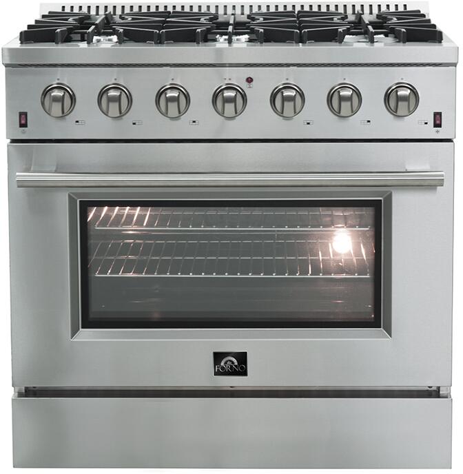 FORNO Package - 36 Inch Gas Range, Wall Mount Range Hood, Refrigerator, Microwave Drawer, Dishwasher, AP-FFSGS6244-36-8