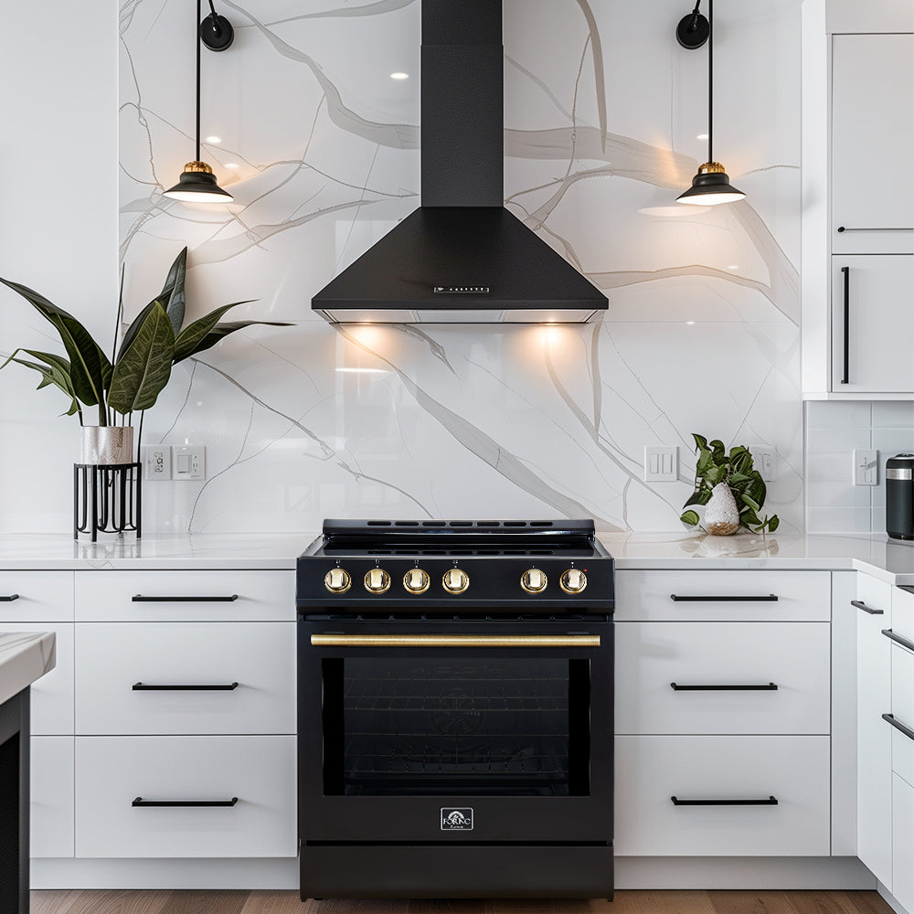 FORNO Espresso Package - 30" Induction Range, Wall Mount Range Hood, 36" Refrigerator with Water and Ice Dispenser and Dishwasher in Black with Antique Brass Accents, AP4-0982BLK-A17