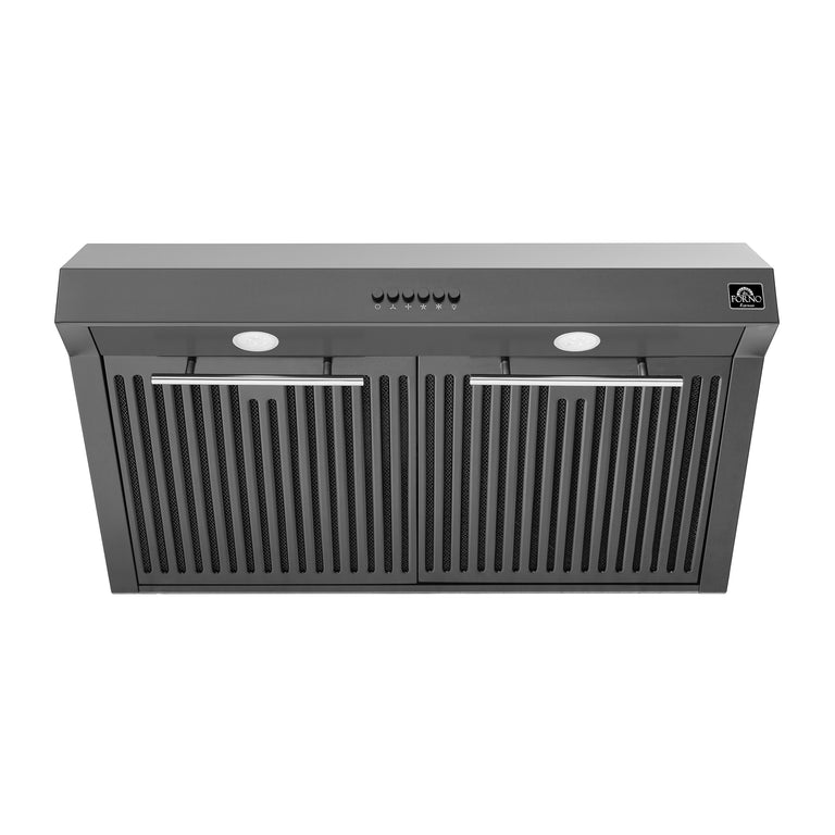 FORNO Espresso Package - 30" Electric Range, Range Hood, Refrigerator and Dishwasher in Black with Stainless Steel Handles