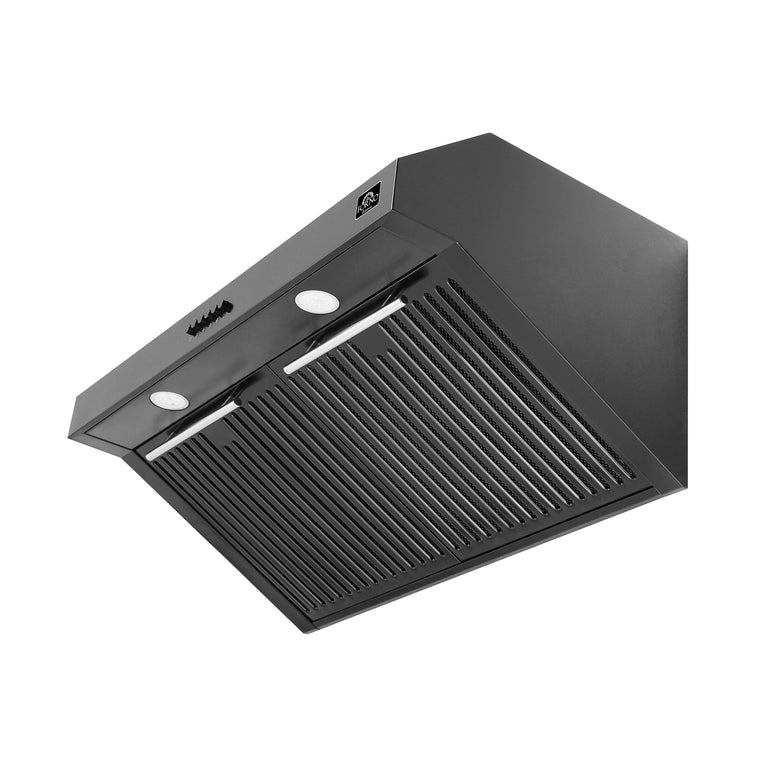 FORNO Espresso Package - 30" Electric Range, Range Hood, Refrigerator and Dishwasher in Black with Stainless Steel Handles
